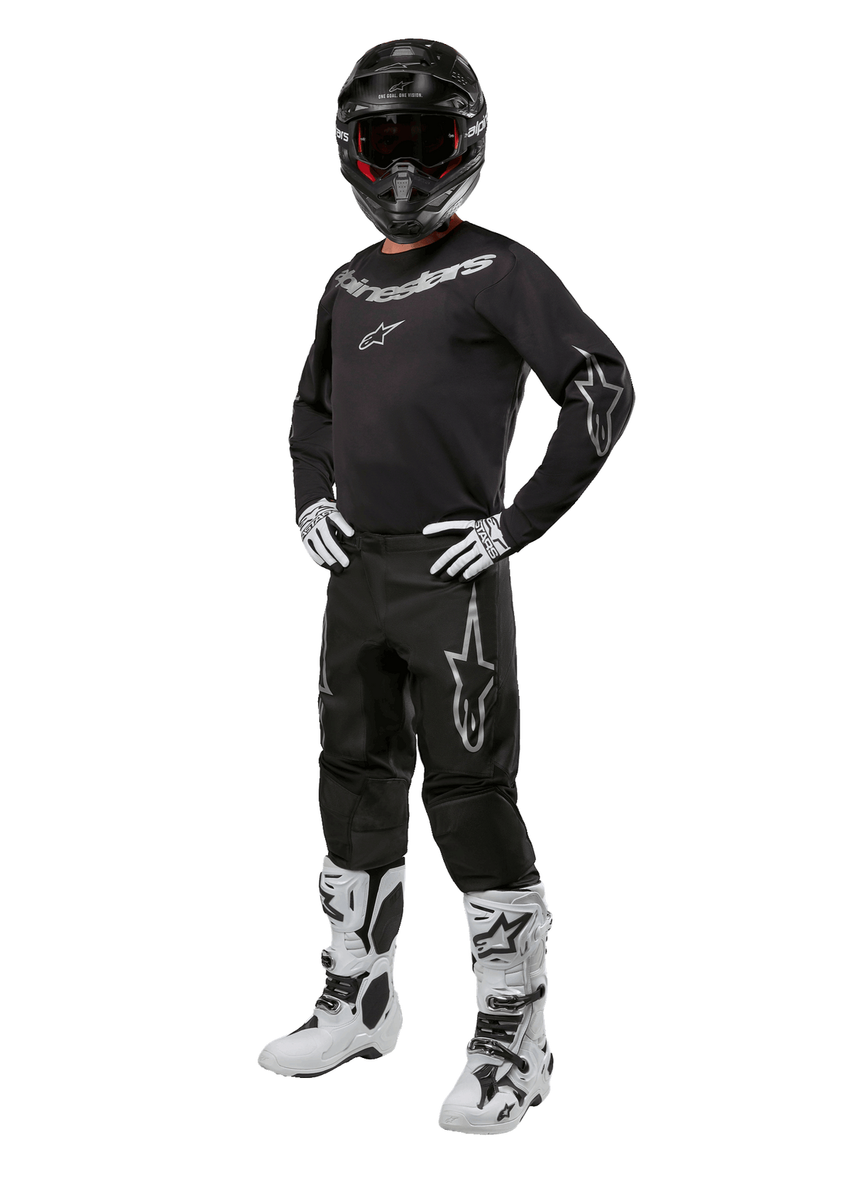 Alpinestars 2024 Fluid Graphite Ausrüstungsset, komplettes Motocross-Rennoutfit, Schwarz mit grauen und weißen Logos, bestehend aus Trikot und Hose mit passendem schwarzem Helm, weiß-schwarzen Handschuhen und Stiefeln, entwickelt für Offroad-Schutz