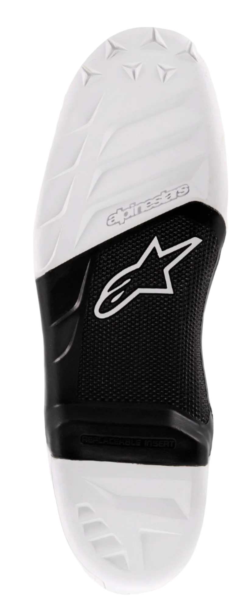Alpinestars Tech 7 Sohle, Ersatzsohle für Motocross-Stiefel, Weiß und Schwarz, mit texturierter Grifffläche, Alpinestars-Logo und austauschbarem Mitteleinsatz für Offroad-Performance.