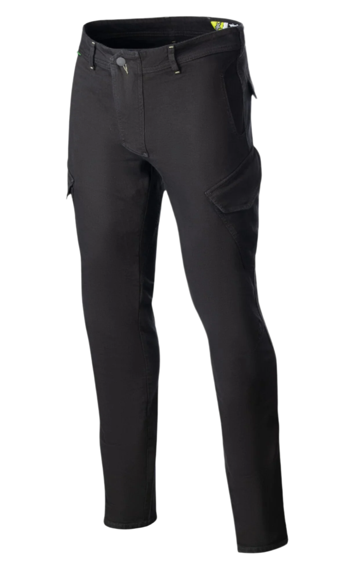 Alpinestars Caliber Slim Fit Tech Riding Pants, Black, motorcycle riding pants featuring combat-style angled cargo pockets, slim tapered fit, belt loops, and button closure, constructed from stretch Cordura denim for a technical urban look