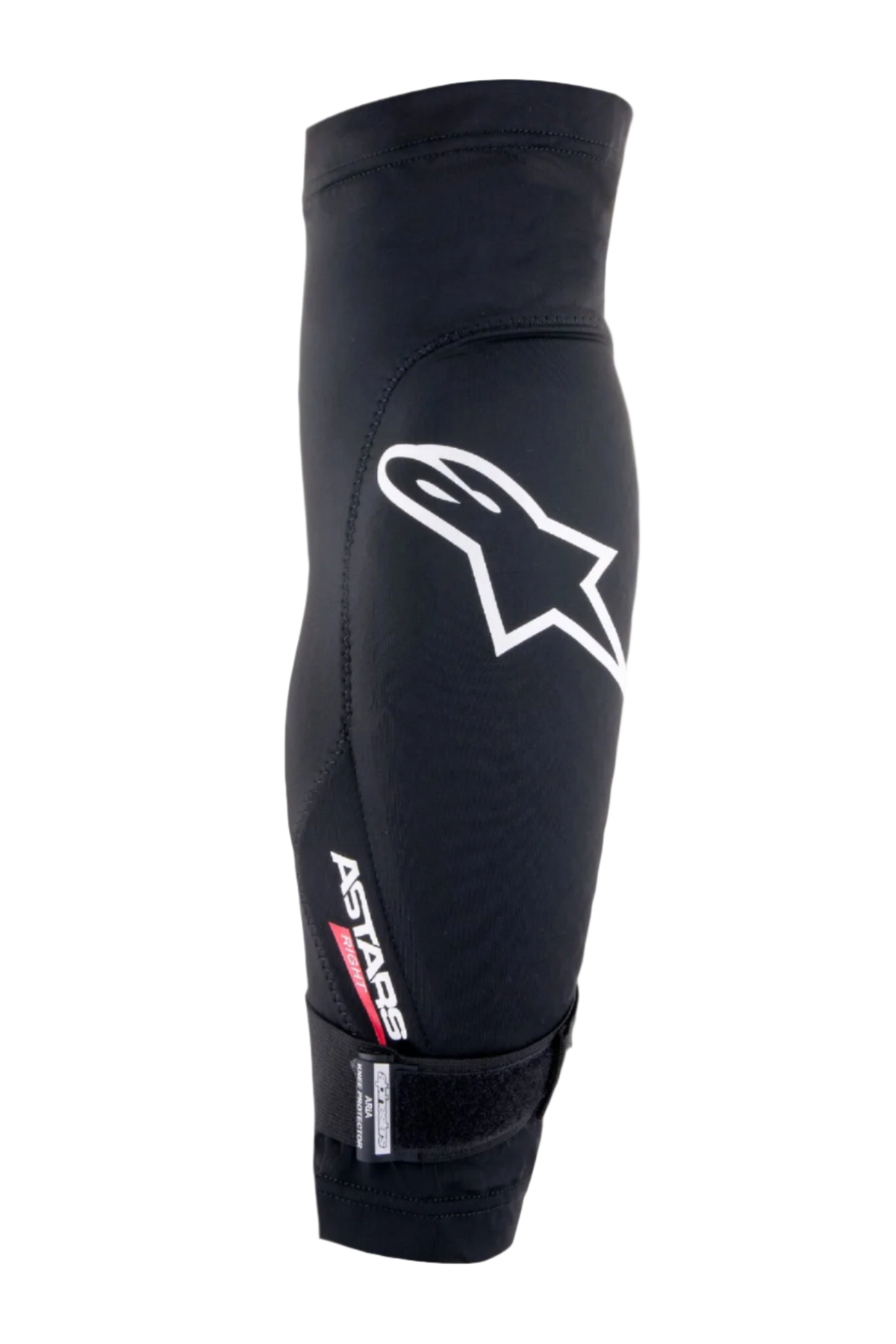 Alpinestars Aria Knieschutz, Schwarz und Weiß, atmungsaktive Mesh-Hülle mit großem weißen Astars-Logo, 'ASTARS RIGHT'-Schriftzug und verstellbarem Riemen unten, leichter Mountainbike- und Radsportschutz