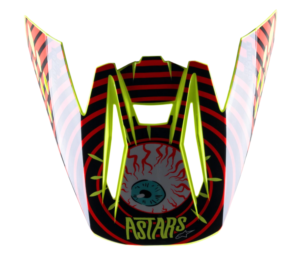 Alpinestars S-M5 Solar Flare Visor, replacement motocross helmet peak, Black Red and Fluo Yellow, featuring a prominent bloodshot eyeball graphic with ASTARS logo and vibrant neon yellow trim.