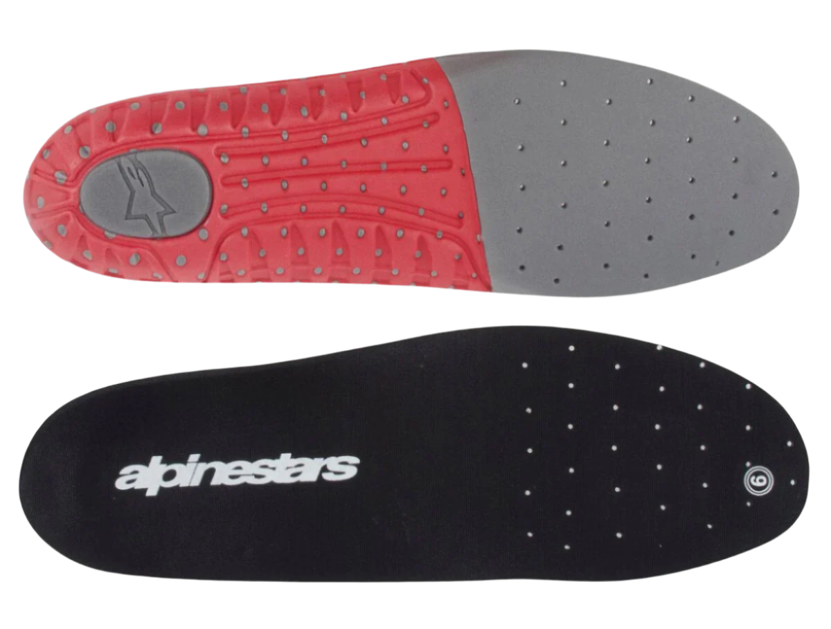Alpinestars Footbed Tech 7, Replacement Insole for Tech 7 Motocross Boots, Dark Gray Red, features black top surface with white branding and red and gray textured underside, perforated for breathability