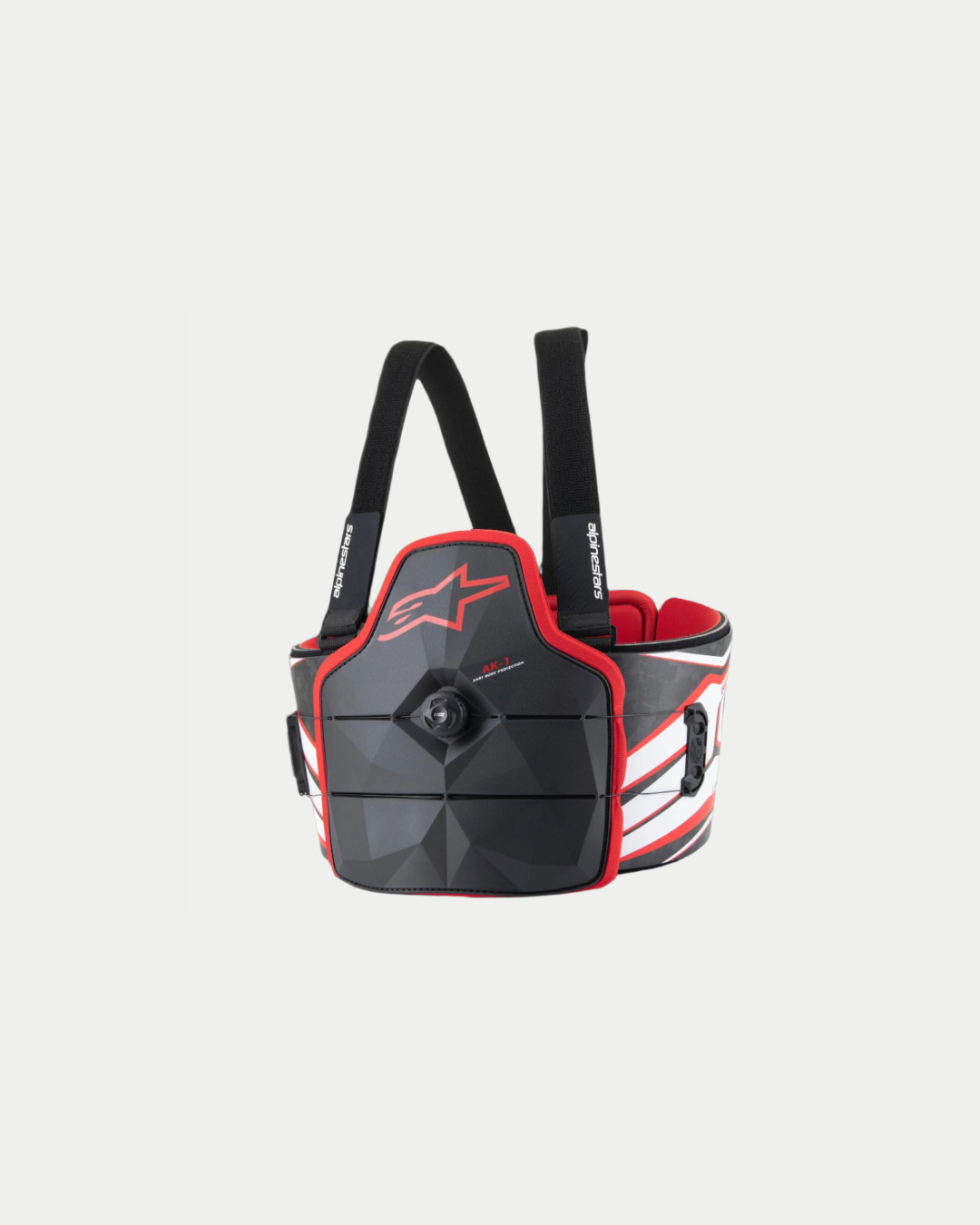 Alpinestars AK-1 Kart-Körperschutz, Kart-Körperschutz, Schwarz, Weiß und Rot, mit einer strukturierten Brustplatte, zentralem Schnellschnürsystem-Drehverschluss, rotem Alpinestars-Logo und verstellbaren schwarzen Schultergurten, ergonomisch für den Kartsport entwickelt