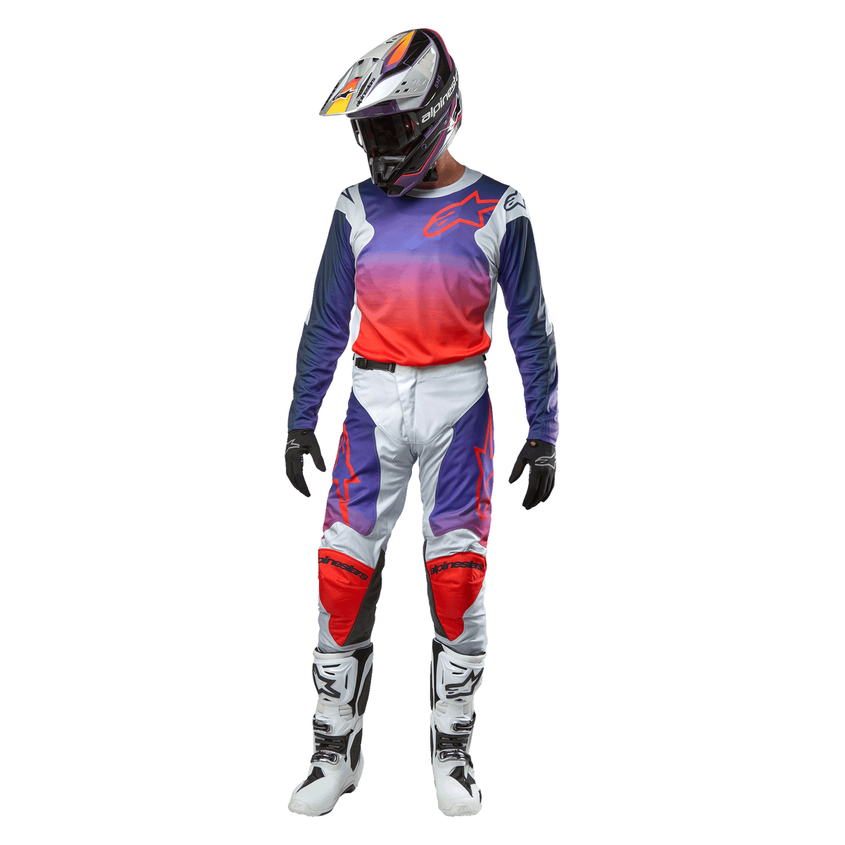 Alpinestars 2024 Racer Hoen Motocross-Ausrüstung, Komplettes Outfit bestehend aus Helm, Trikot, Hose, Handschuhen und Stiefeln, Hellgrau, Hot Orange und Violett, sportliches Design für den Offroad-Rennsport