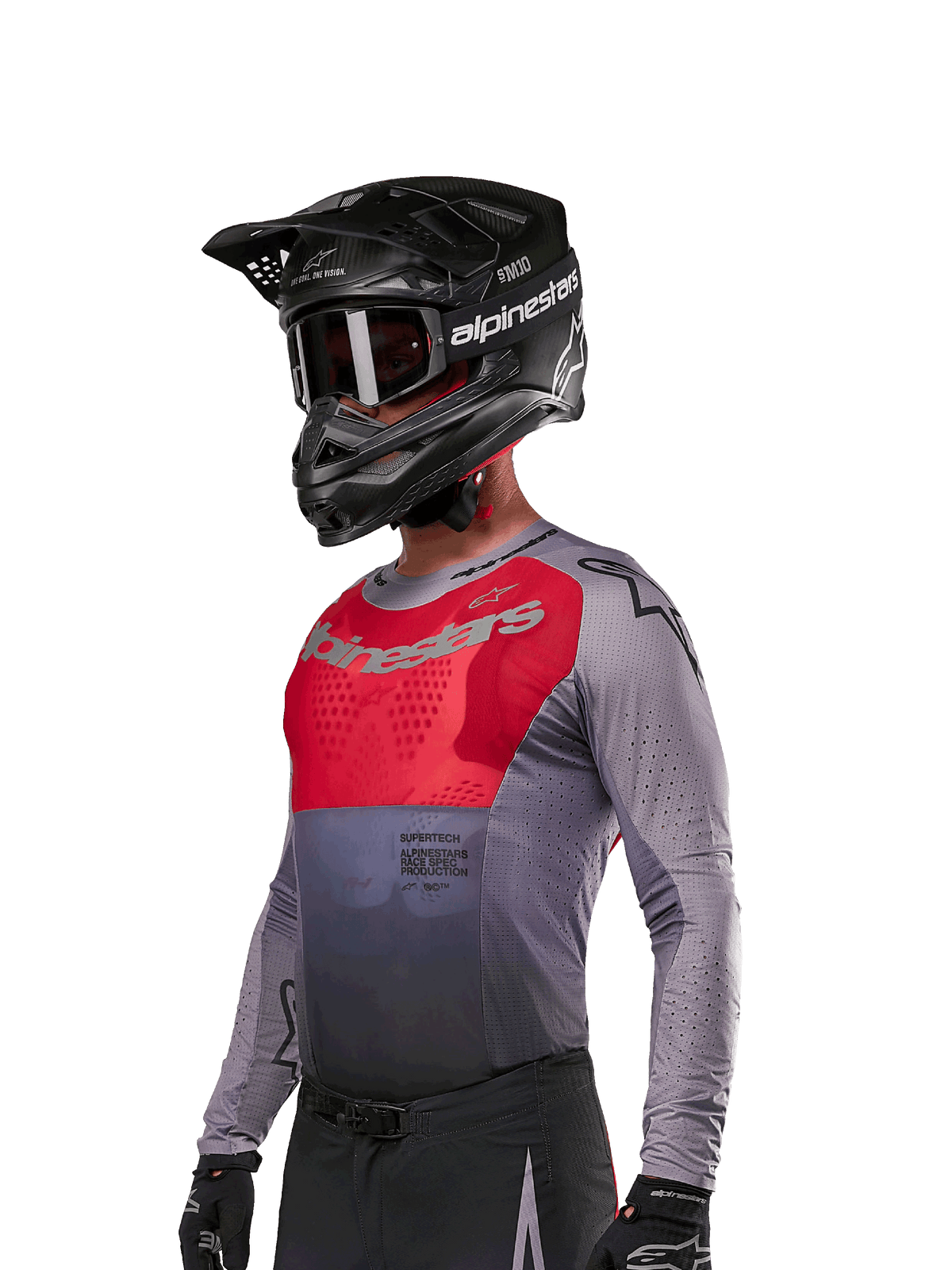 Alpinestars 2024 Supertech Dade Jersey, Motocross Jersey, Iron Red Berry and Gray, long sleeve with laser-cut perforations, worn by rider with black helmet and gloves, pro-level athletic racing fit