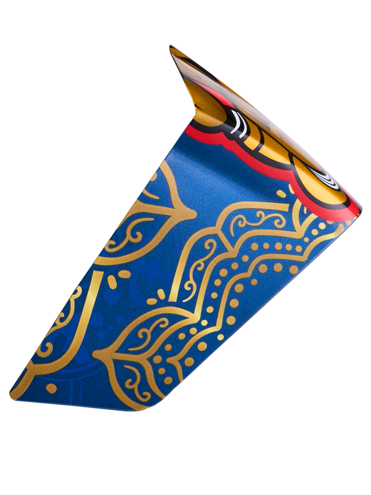 Alpinestars Supertech R10 Martinator Thai Race Spoiler in glänzendem Blau-Gold mit filigranen Mustern und roten Akzenten.