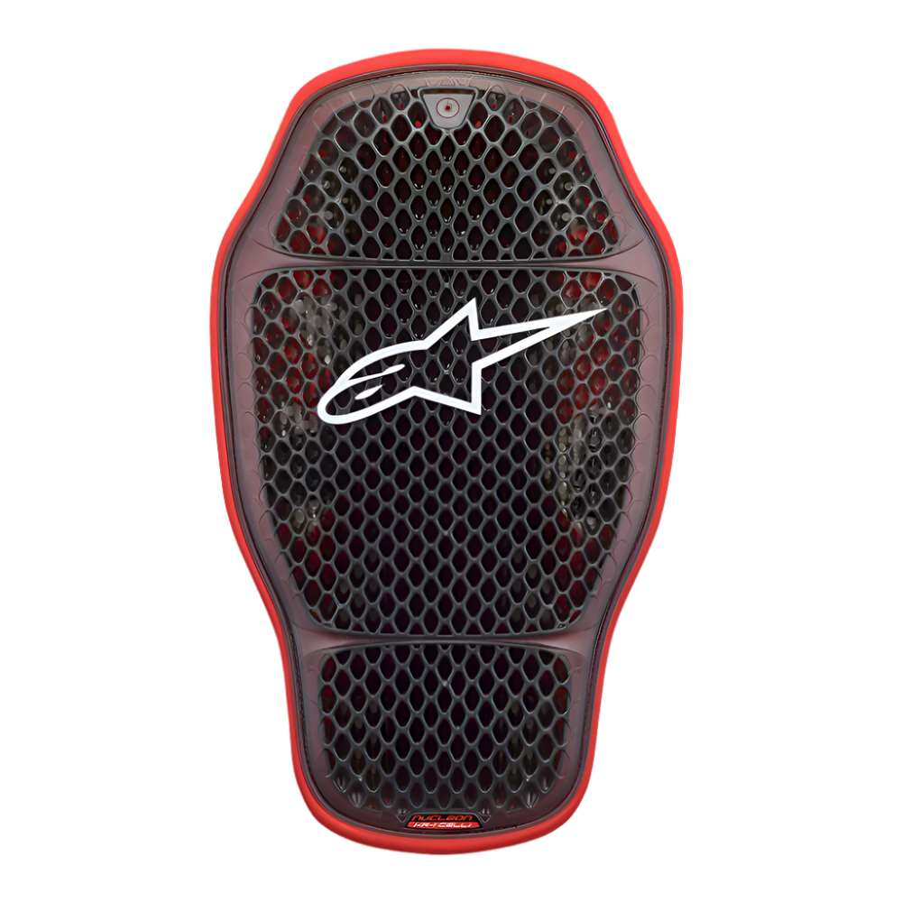 Alpinestars Nucleon KR-1 Cell i Back Protector, Motorcycle Back Protector Insert, Transparent Smoke Red, featuring a honeycomb micro-structure cell design with a white Alpinestars logo in the center, lightweight and ergonomic protective gear.