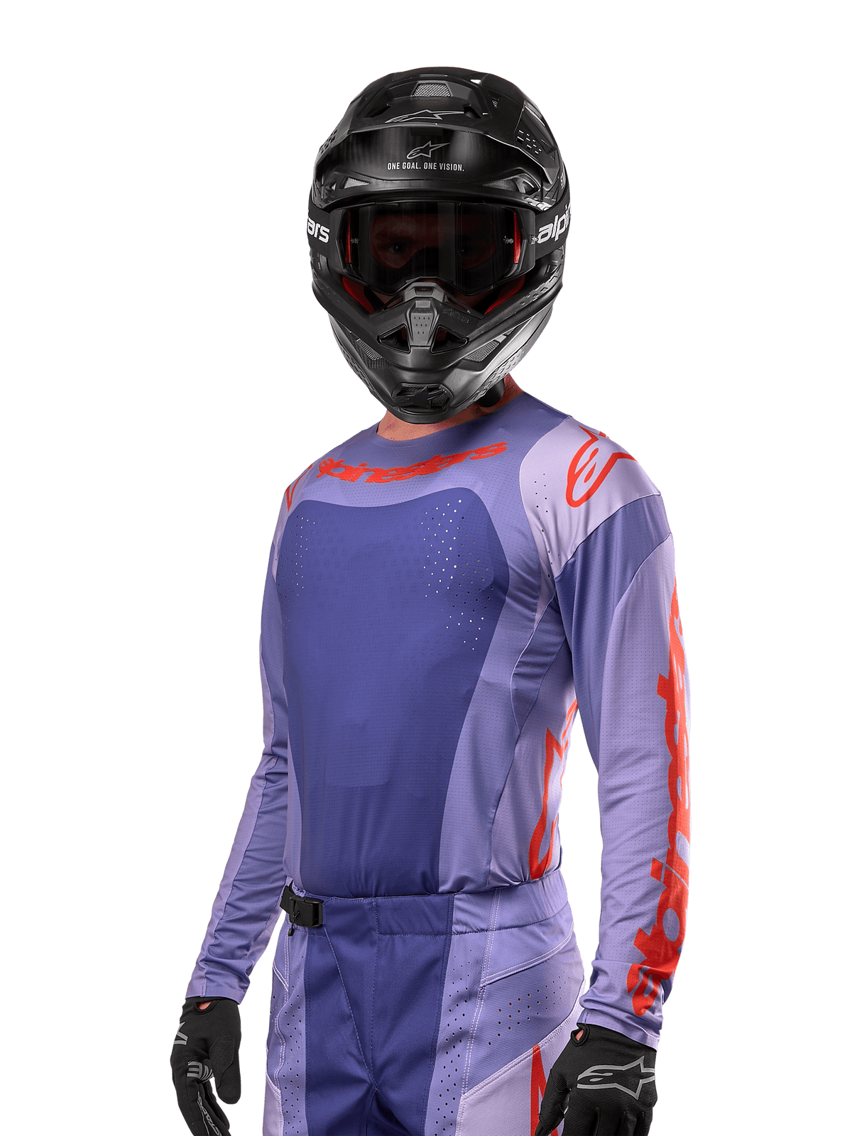 Alpinestars 2024 Techstar Ocuri Jersey, Motocross-Renntrikot, Lila und Hot Orange, Langarm mit lasergeschnittenen Perforationen zur Belüftung, athletische Rennpassform, getragen mit schwarzem Motocross-Helm und Handschuhen