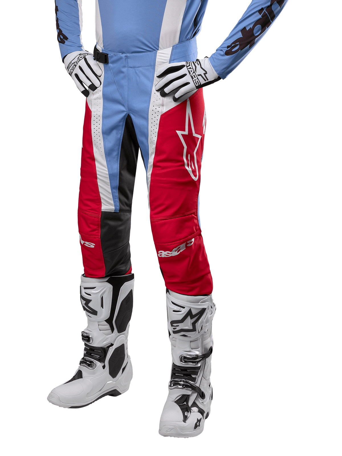 Alpinestars 2024 Techstar Ocuri Pants, Motocross Pants, Light Blue, Mars Red and White, worn with light blue jersey and white boots, featuring the star logo on the thigh and reinforced knees, complete off-road racing gear
