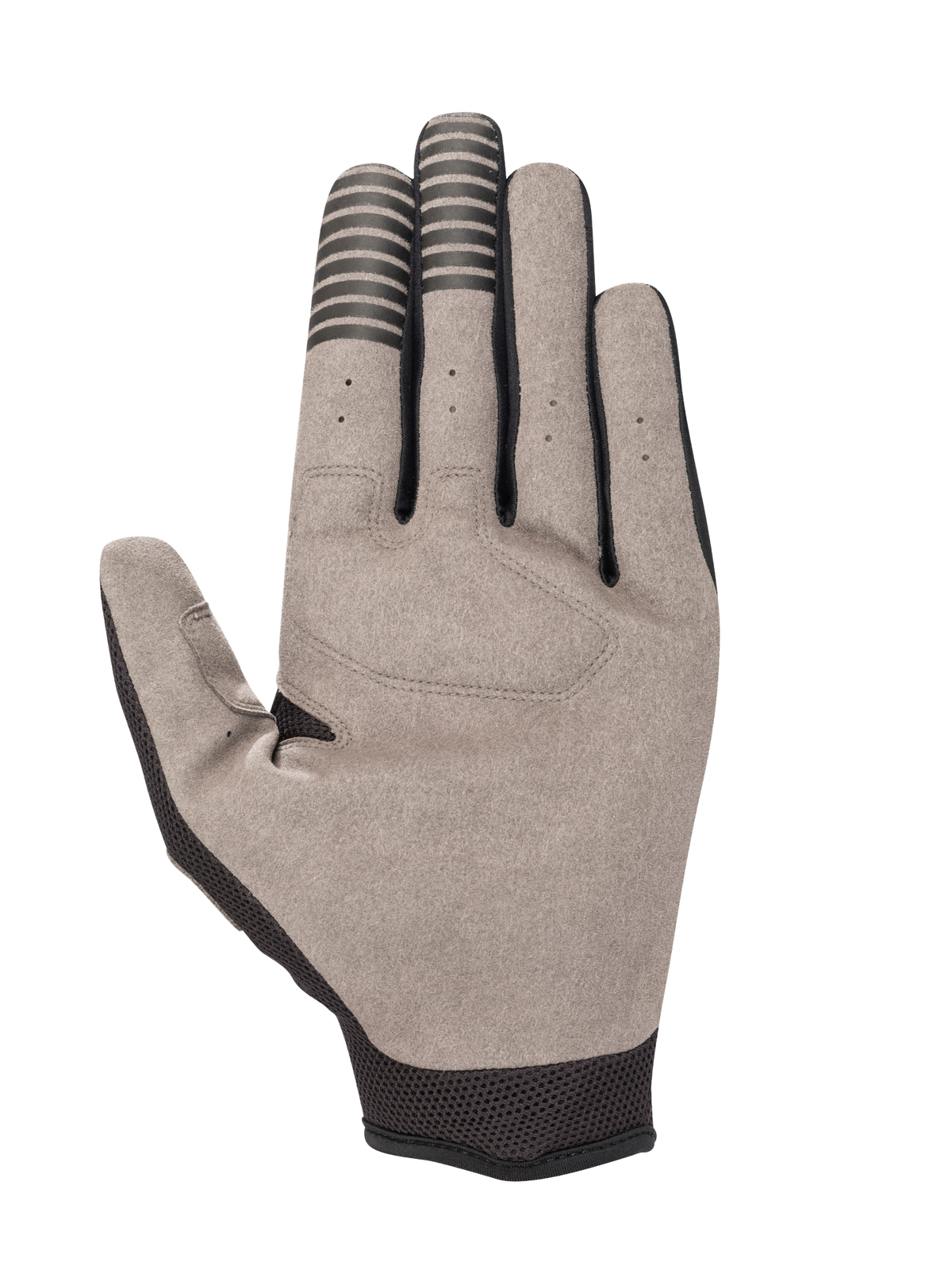 Alpinestars Engine Gloves, Palm View, Grey synthetic suede with black conductive finger stripes, black mesh cuff, mechanics and karting glove detail.