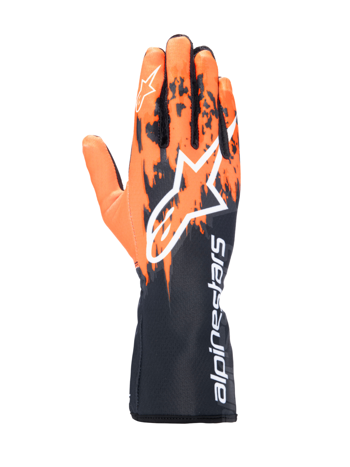 Alpinestars Tech-1 K V3 Handschuhe, Karting-Handschuhe, Schwarz Orange und Weiß, mit sublimiertem Grafikdesign mit orangefarbenen Pinselstrich-Mustern auf schwarzer Basis, großes weißes Astar-Logo auf dem Handrücken, vertikaler Alpinestars-Schriftzug an der Stulpe, professionelle Kart-Rennausrüstung