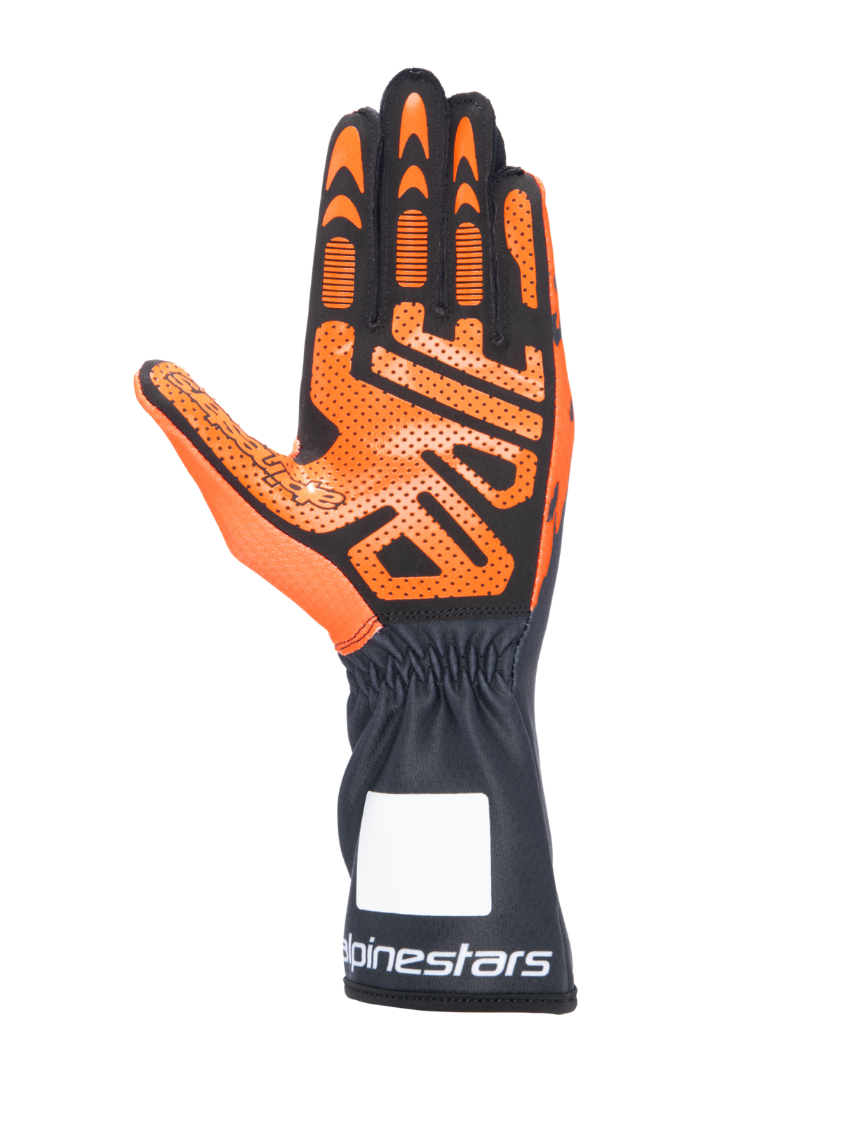 Alpinestars Tech-1 K V3 Karting-Handschuhe, Schwarz und Orange, Handflächenansicht mit detailliertem Silikon-Gripmuster, lange Stulpe mit weißem Alpinestars-Logo, ergonomisches Design für den Kartsport