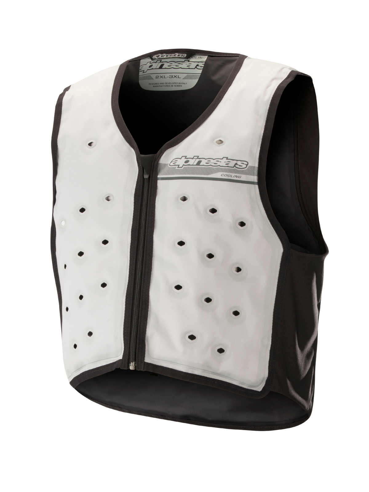 Alpinestars Cooling Vest, Light Gray and Dark Gray, sleeveless motorcycle base layer featuring circular ventilation ports, front zipper, and moisture-wicking textile construction for hot-weather riding