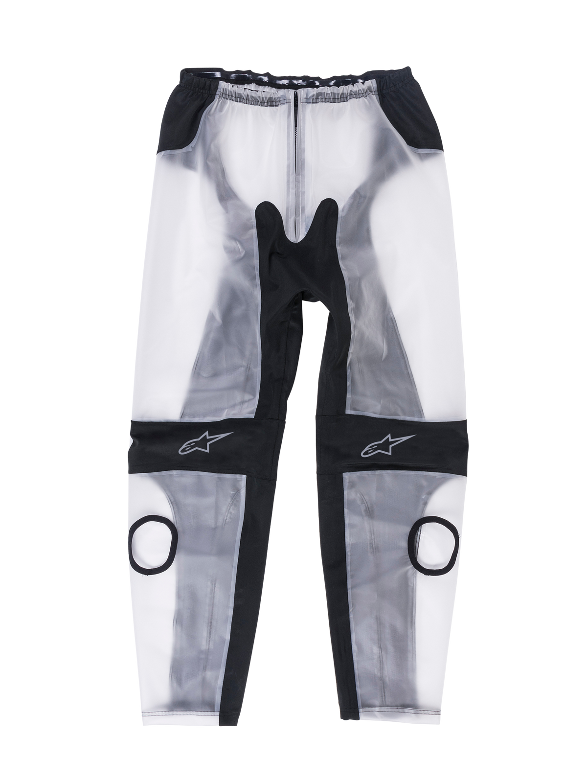 Alpinestars Racing Regenhose, Motorrad-Regenüberhose, Schwarz und Transparent, mit kreisförmigen Aussparungen für Knieschleifer, schwarzen ergonomischen Stretch-Einsätzen und Stern-Logos auf den Knien, wasserdichtes Design für die Rennstrecke