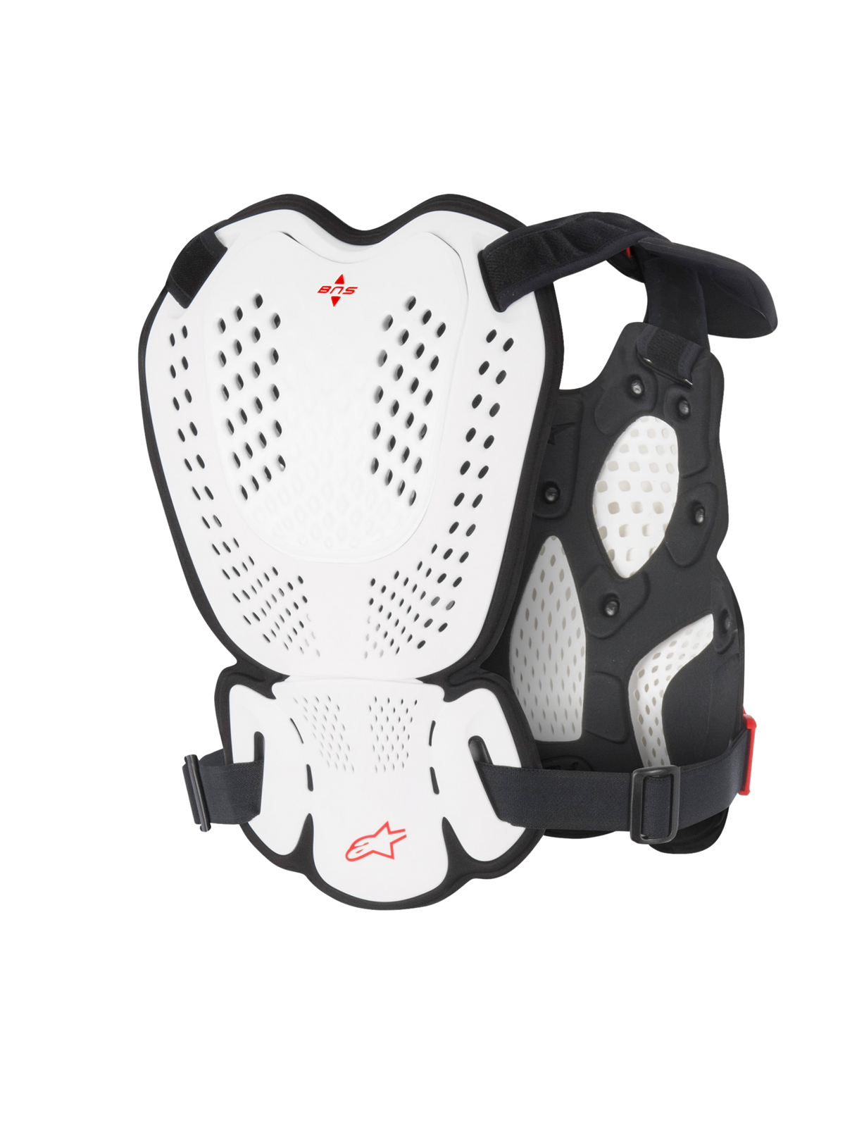 Alpinestars A-1 Roost Guard, Motocross-Brust- und Rückenprotektor, Weiß und Schwarz mit rotem Alpinestars-Logo, perforierte Hartschalenplatten, Bio-Schaum-Polsterung, Rückansicht mit schützender Abdeckung für Motocross- und Offroad-Fahrten