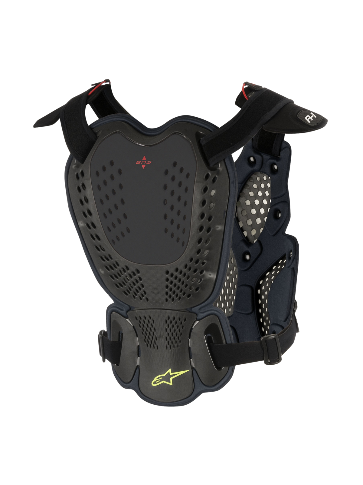 Alpinestars A-1 Roost Guard, Motocross Chest and Back Protector, Black Anthracite, rear view featuring perforated hard shell plates, red BNS logo, and lime green Alpinestars star logo with adjustable straps for off-road protection