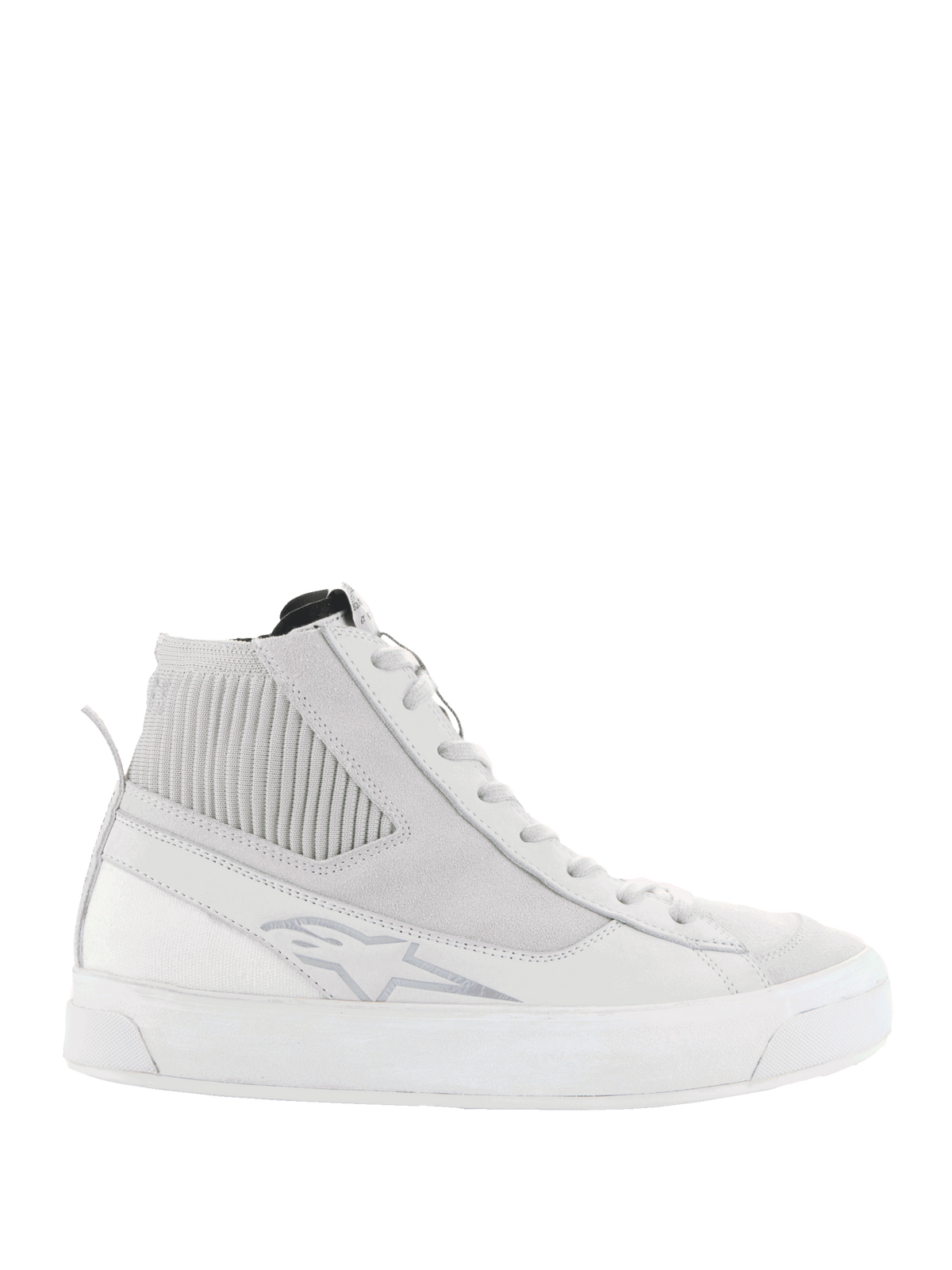Alpinestars Stella Stated Podium Motorradschuhe, Damen-High-Top-Sneaker für urbane Fahrten, Weiß und Grau, aus Nubukleder mit vulkanisierter Sohle im Retro-Skate-Design.