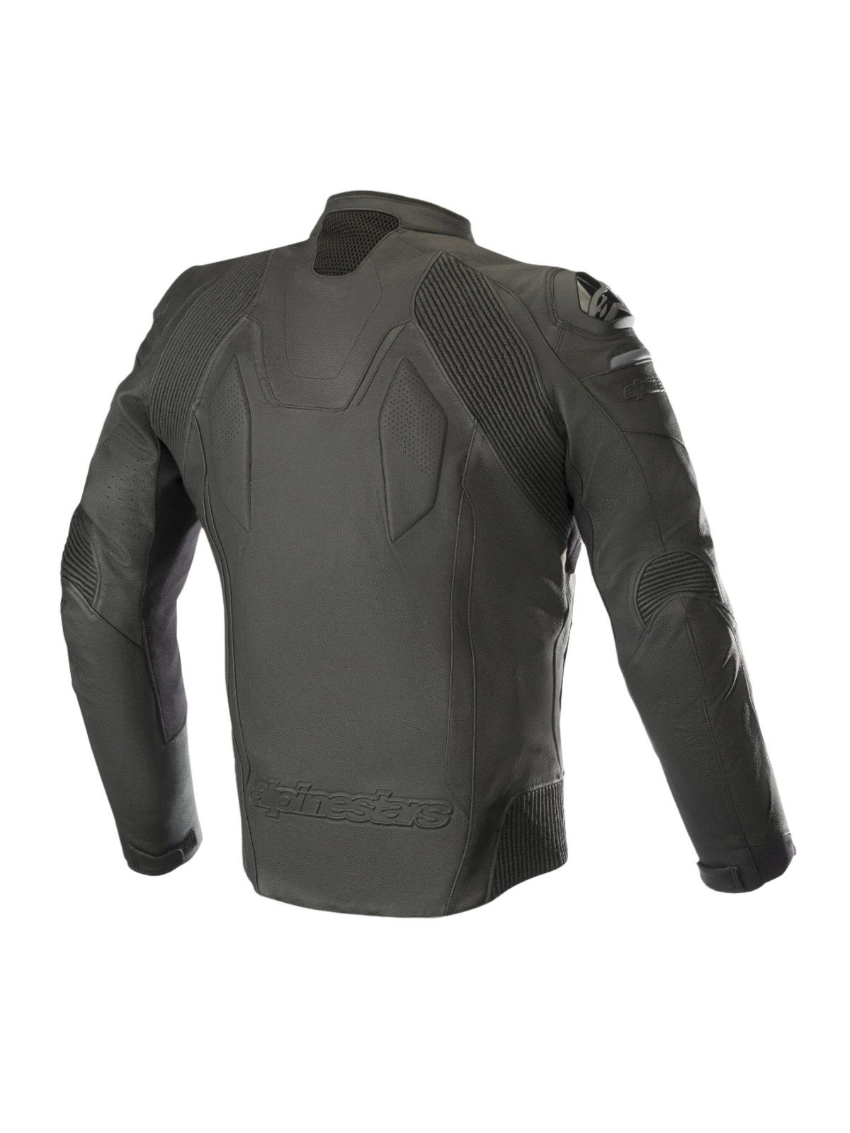 Alpinestars Caliber Leather Jacket, Black, back view showing premium leather construction, accordion stretch panels on shoulders and elbows, external DFS shoulder sliders, and embossed Alpinestars branding at the lower back
