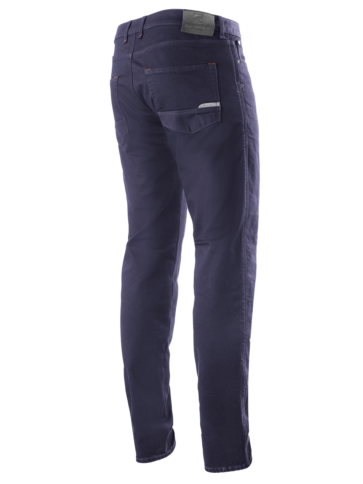 Alpinestars Copper V2 Denim Hose Kurze Länge, Rinse Blue, Dreiviertel-Ansicht von hinten mit Fokus auf Gesäßtaschen und Leder-Patch am Hosenbund, urbane Motorrad-Jeans im klassischen Denim-Look