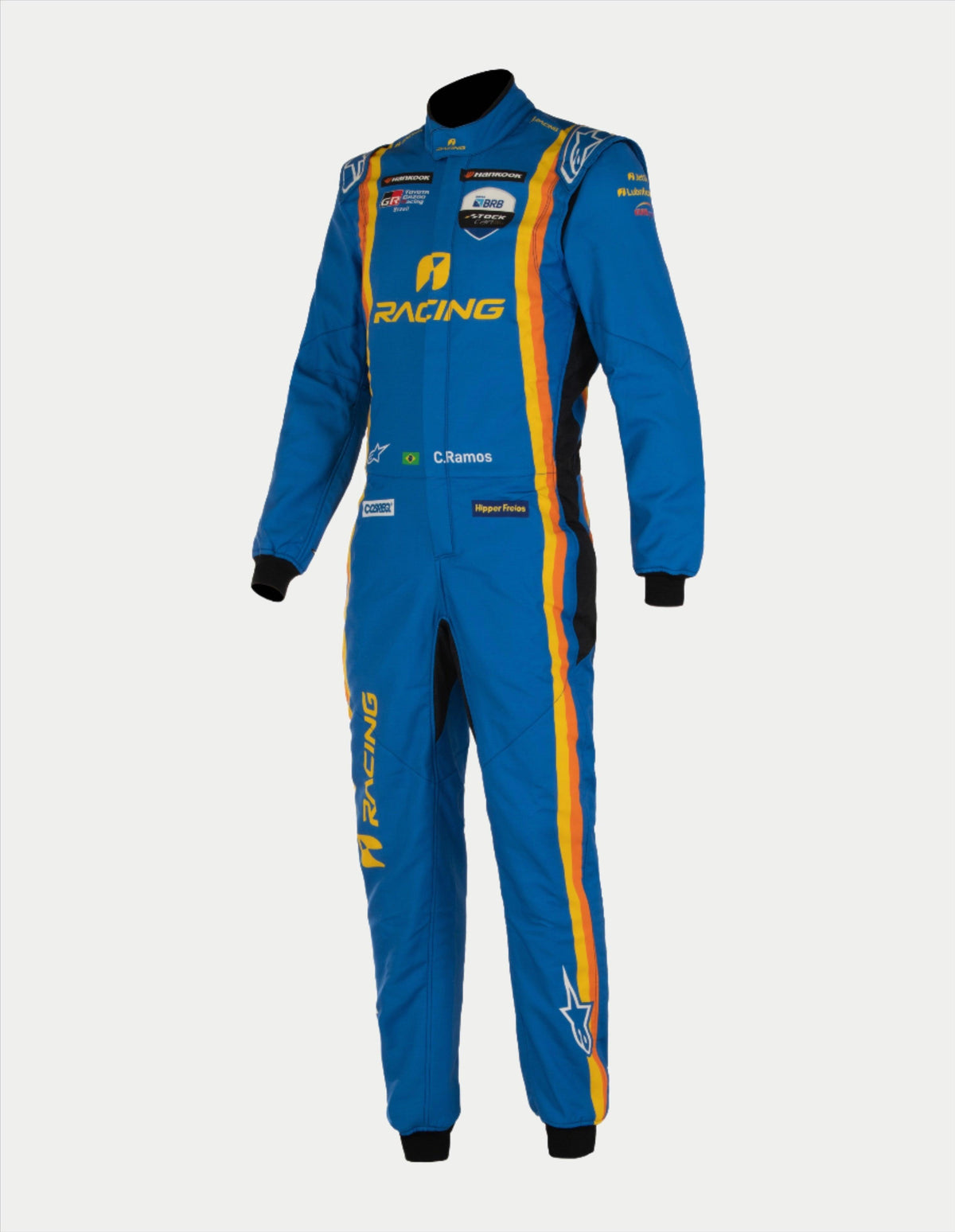 Alpinestars Tech Vision V3 Maßanzug Mit Angepasster Länge, Autorennanzug in Blau und Gelb, FIA-zertifizierte Nomex-Konstruktion.