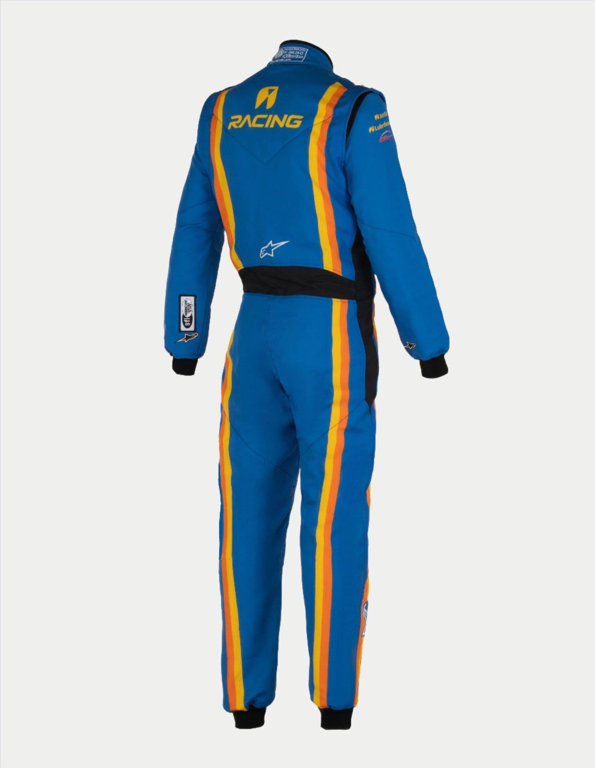 Alpinestars Tech Vision V3 Custom Suit, professioneller Rennanzug, Rückansicht in Blau mit orangefarbenen und gelben Streifen, mit „RACING“-Branding und Alpinestars-Sternlogo, schwarze Stretcheinsätze an der Taille und schwarze Bündchen, leichte und atmungsaktive Motorsport-Ausrüstung