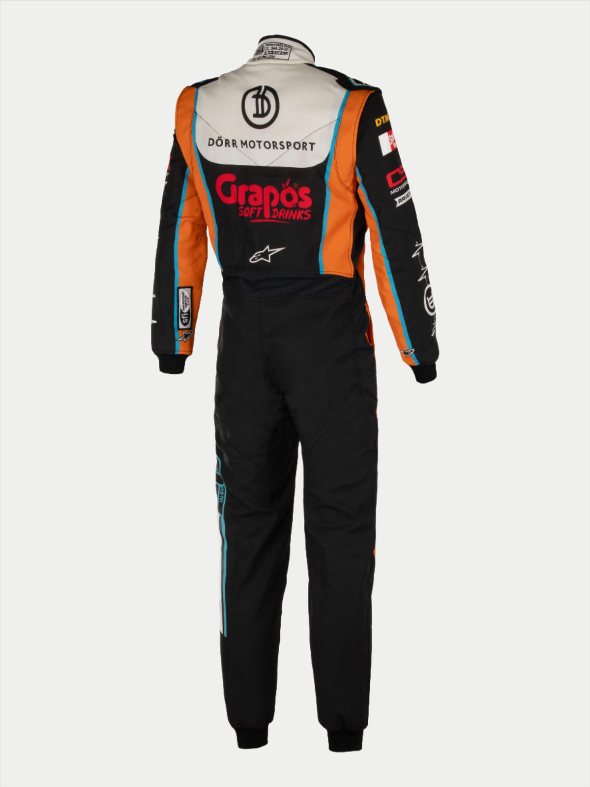 Alpinestars Tech Vision V3 Custom Suit, Auto Racing, Black and Orange, Nomex, FIA-certified gear, Rear View.