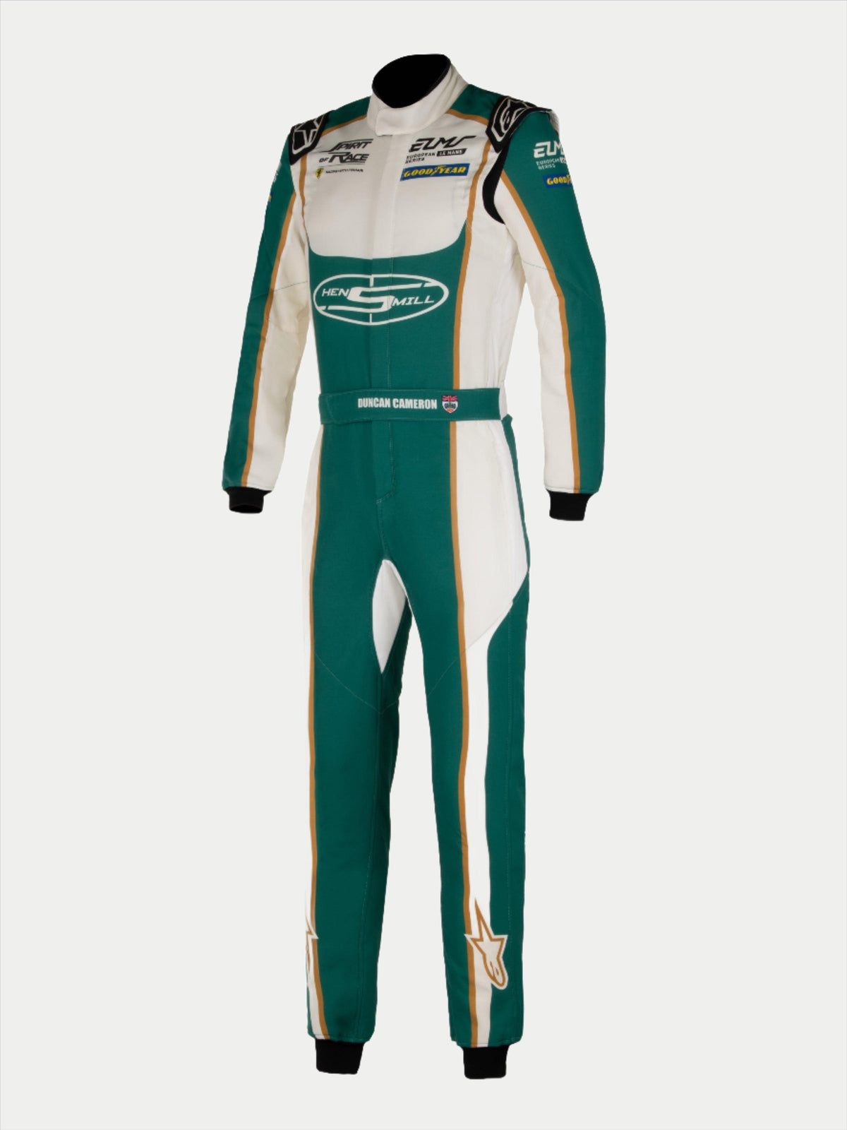 Alpinestars Tech Vision V3 Maßanzug Mit Angepasster Länge, Auto-Rennanzug aus Nomex, Grün und Weiß mit Sponsoren-Logos und Duncan Cameron Branding, FIA/SFI-zertifiziert.