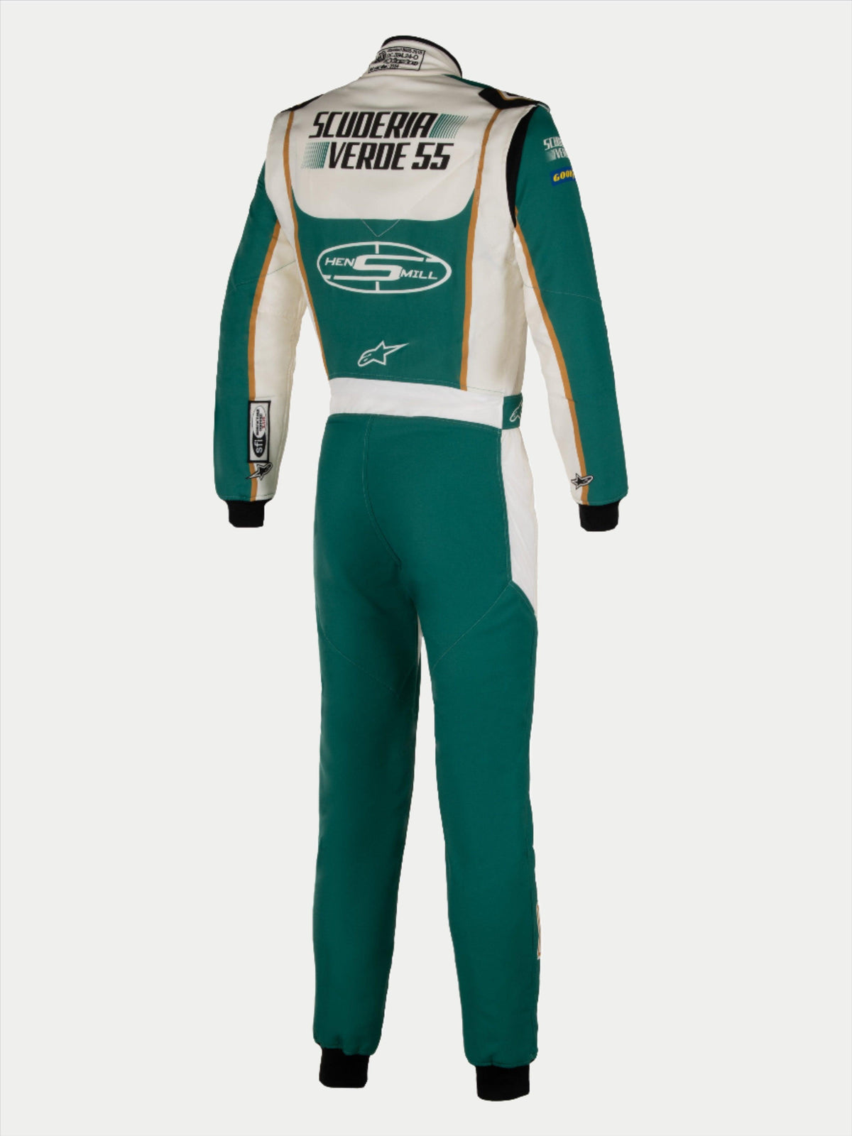 Alpinestars Tech Vision V3 Custom-Rennanzug, Rückansicht, Blaugrün und Weiß mit goldenen Akzenten, individuelles "Scuderia Verde 55" und "Hens Mill" Branding, professioneller FIA/SFI-zugelassener Rennanzug