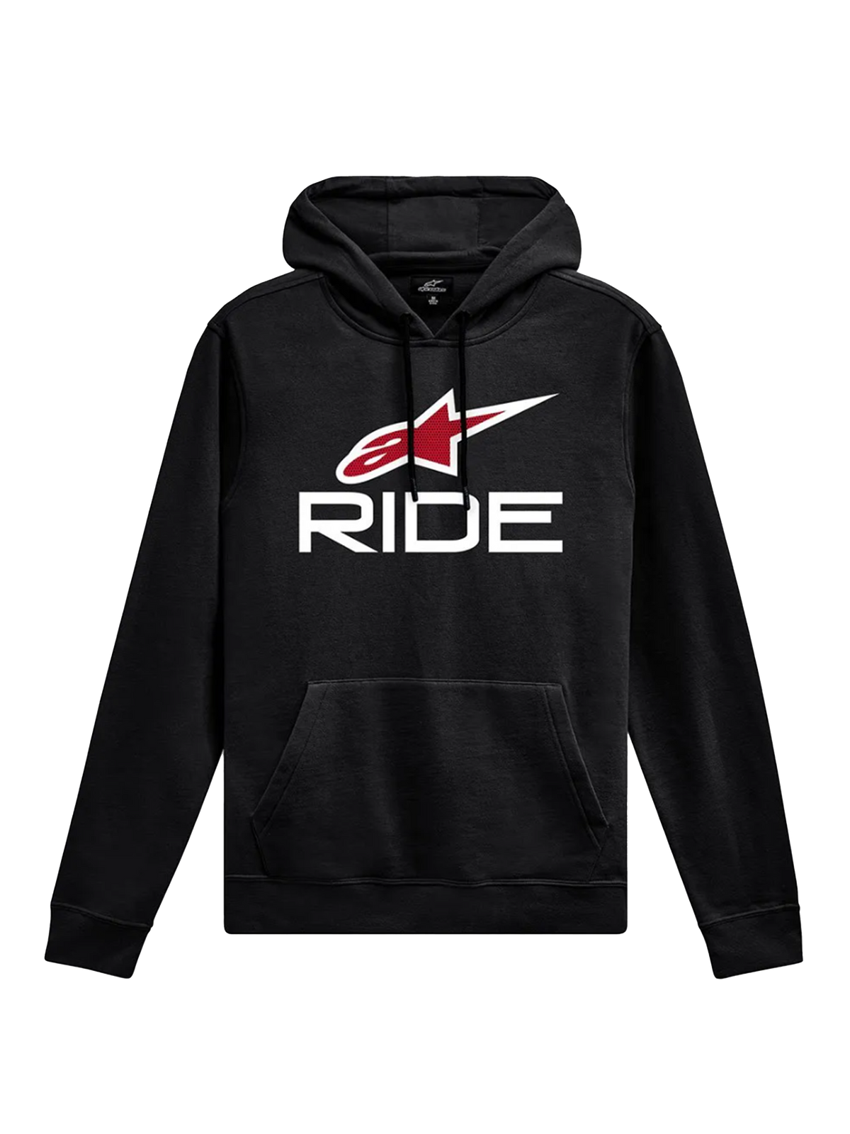 Alpinestars Ride Hoodie V 3, lässige Sportbekleidung, schwarz mit weißem RIDE-Schriftzug und rotem Stern-Logo, Kängurutasche vorne, Kapuze mit Kordelzug, Rippbündchen an Ärmeln und Saum, Motorsport-inspiriertes Design