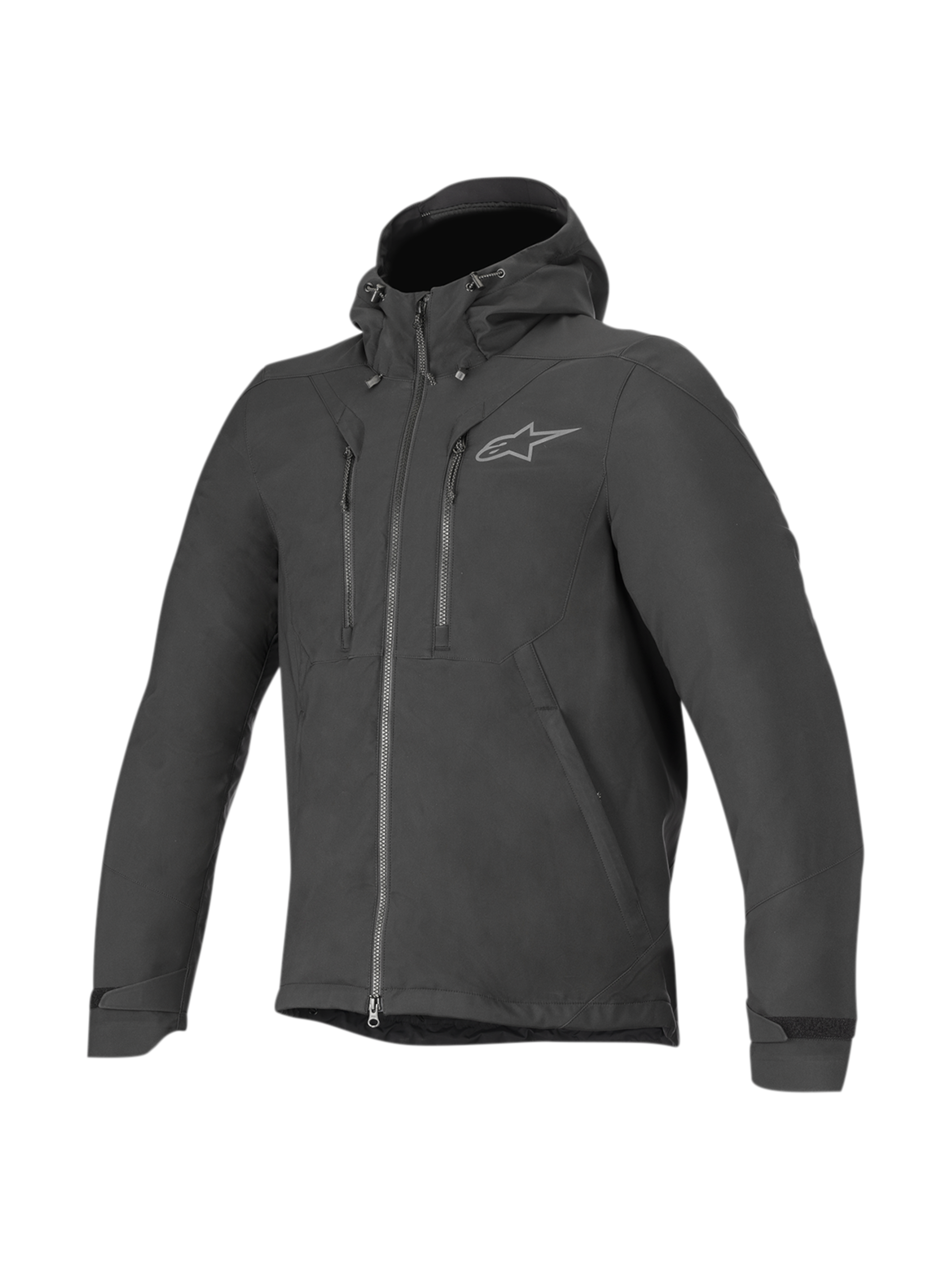 Alpinestars Domino Tech Jacke, schwarze Herren-Motorradjacke, Urban-Softshell mit fester Kapuze und wasserabweisendem Finish