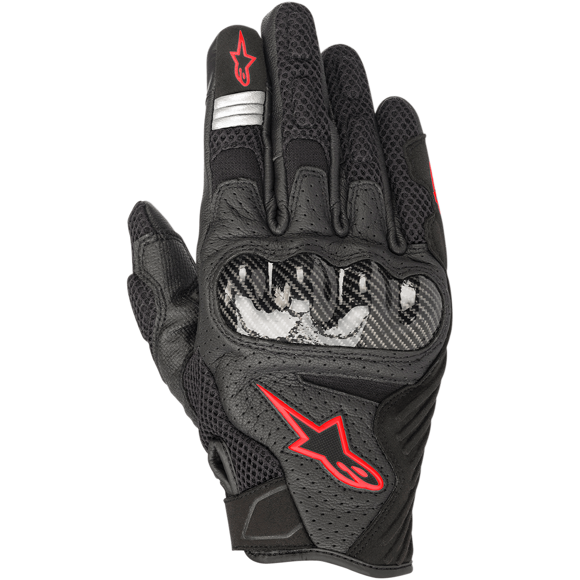 Alpinestars SMX-1 Air V2 Handschuhe, Motorrad-Straßenhandschuhe, Schwarz und Neonrot, harter Knöchelprotektor im Carbon-Look, rotes Alpinestars Stern-Logo, silberne reflektierende Streifen, perforiertes Leder mit atmungsaktiven Mesh-Einsätzen