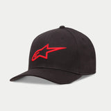 Alpinestars Ageless Curve Hat, Black and Red Baseball Cap, featuring a raised 3D embroidered red logo on the front, curved brim twill fabric, casual motorsport-inspired headwear