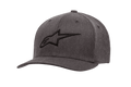 Alpinestars Ageless Curve Hat, dunkelgrau melierte Baseballkappe mit schwarzem 3D-besticktem Logo, gebogener Schirm, strukturierter Twill-Stoff mit Belüftungsösen, lässige Motorsport-Kopfbedeckung