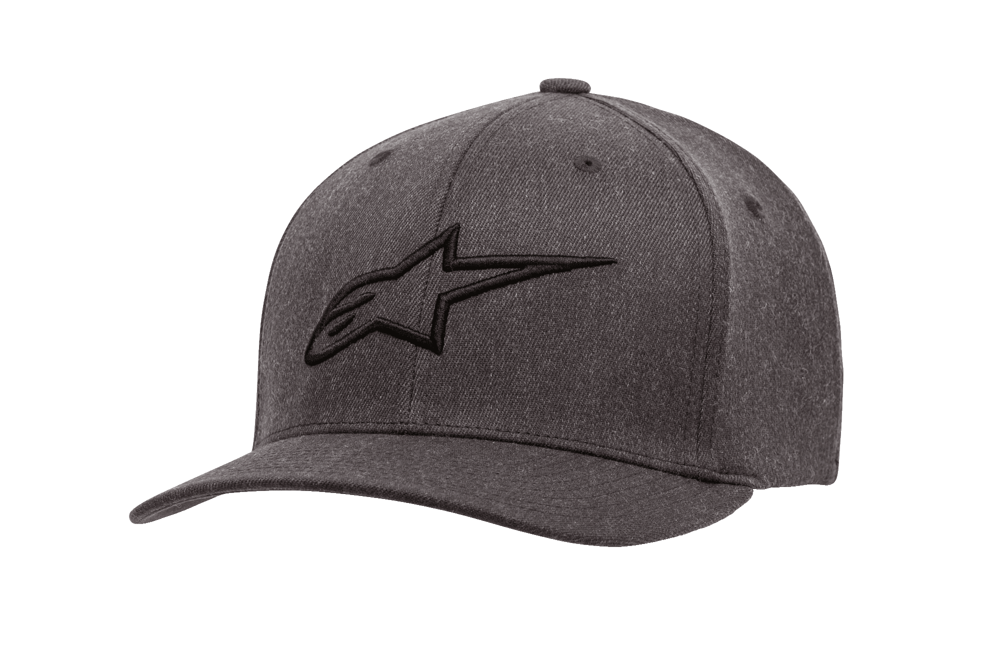 Alpinestars Ageless Curve Hat, dunkelgrau melierte Baseballkappe mit schwarzem 3D-besticktem Logo, gebogener Schirm, strukturierter Twill-Stoff mit Belüftungsösen, lässige Motorsport-Kopfbedeckung