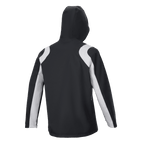 Alpinestars A-Dura Regenjacke, Schwarz und Weiß, Rückansicht einer Mountainbike-Regenjacke mit Kapuze, hellgraue Kontrasteinsätze an den Schultern und Ärmeln.