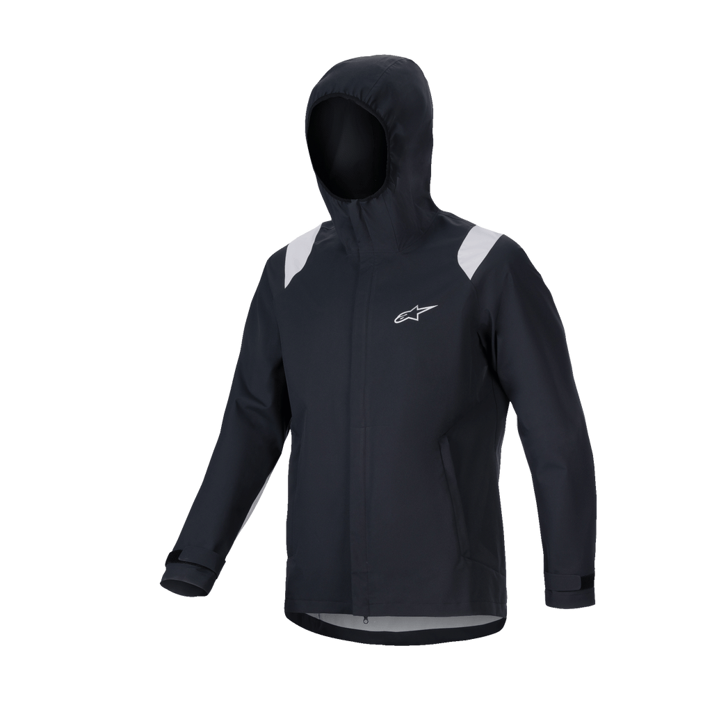 Alpinestars A-Dura Regenjacke, MTB-Regenjacke, Schwarz mit grauen Schultereinsätzen, weißes Astars-Logo auf der Brust, wasserdichtes Design mit Kapuze und 2,5-lagiger Membran, funktionelle technische Ausrüstung für den Offroad-Radsport