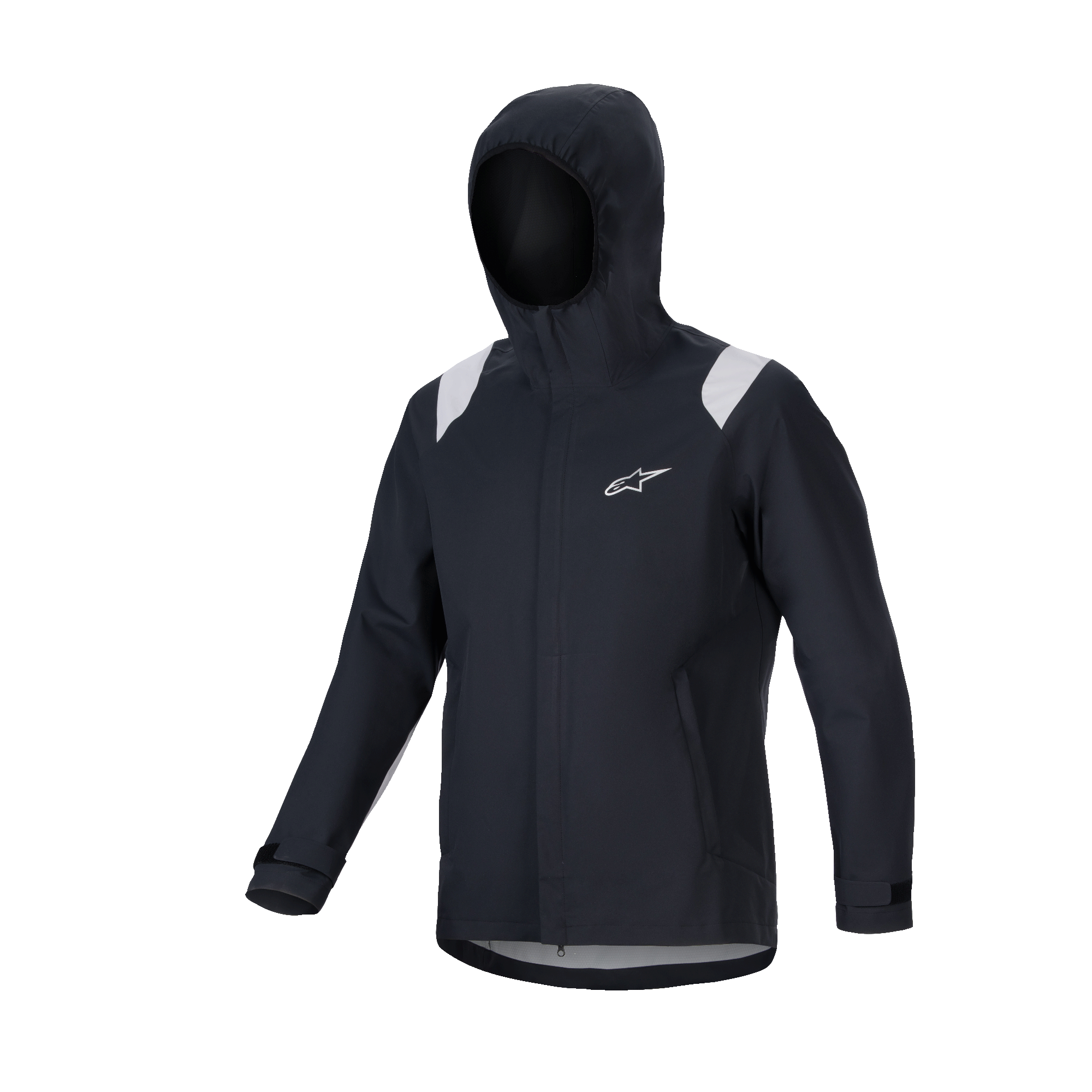 Alpinestars A-Dura Regenjacke, MTB-Regenjacke, Schwarz mit grauen Schultereinsätzen, weißes Astars-Logo auf der Brust, wasserdichtes Design mit Kapuze und 2,5-lagiger Membran, funktionelle technische Ausrüstung für den Offroad-Radsport