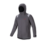 Alpinestars A-Dura Regenjacke, Mountainbike-Regenjacke, Dark Titanium Grau, Kapuzendesign mit rotem Stern-Logo, hellgraue Schulterdetails, verstellbare Klettverschluss-Bündchen, technische wasserfeste Performance-Ausrüstung für MTB.