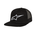 Alpinestars Corp Trucker Hat, Trucker-Kappe mit flachem Schirm, Schwarz, weißes 3D-gesticktes Alpinestars-Logo auf der Vorderseite, Mesh-Einsätze hinten, strukturierte Krone, lässige Motorsport-Streetwear