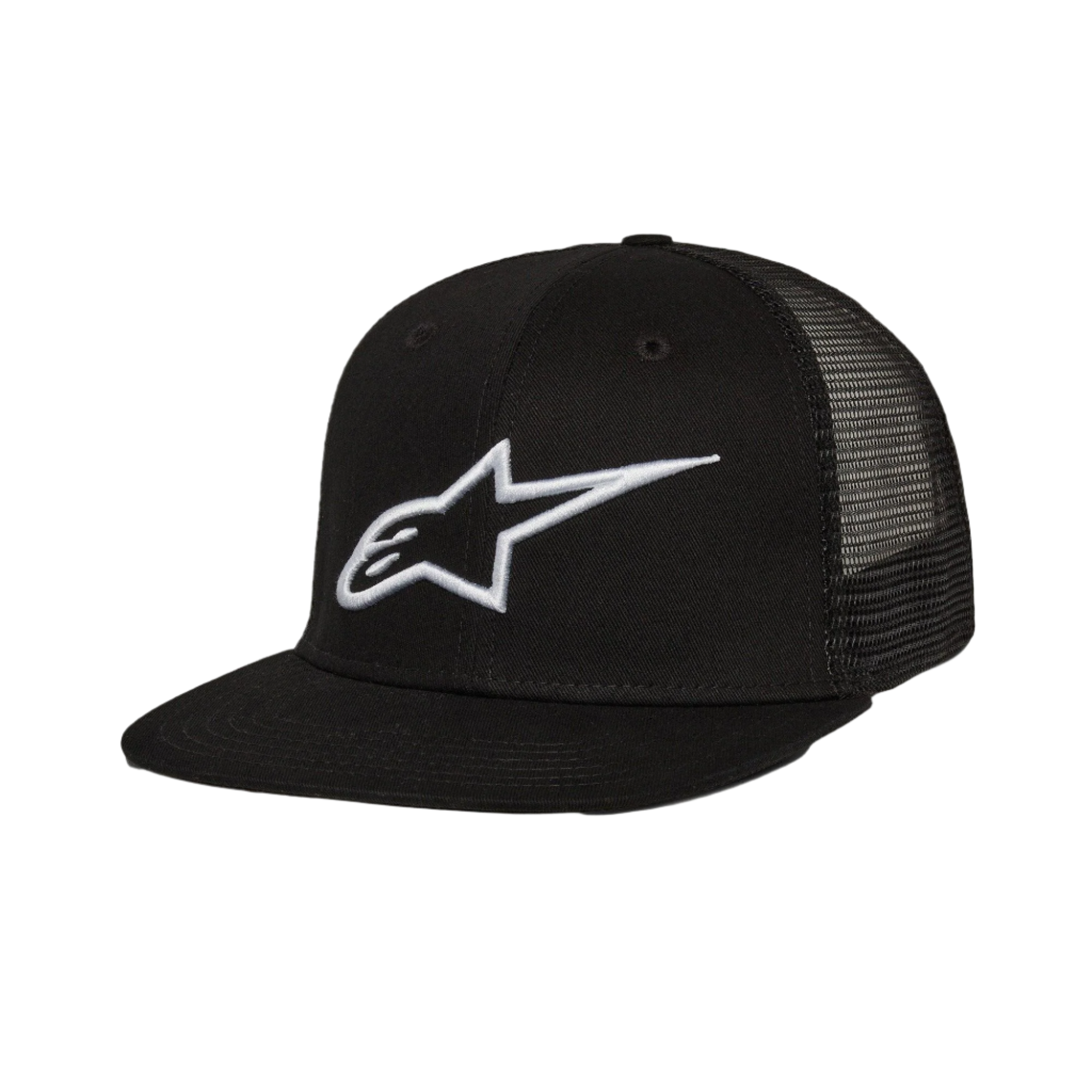 Alpinestars Corp Trucker Hat, Trucker-Kappe mit flachem Schirm, Schwarz, weißes 3D-gesticktes Alpinestars-Logo auf der Vorderseite, Mesh-Einsätze hinten, strukturierte Krone, lässige Motorsport-Streetwear