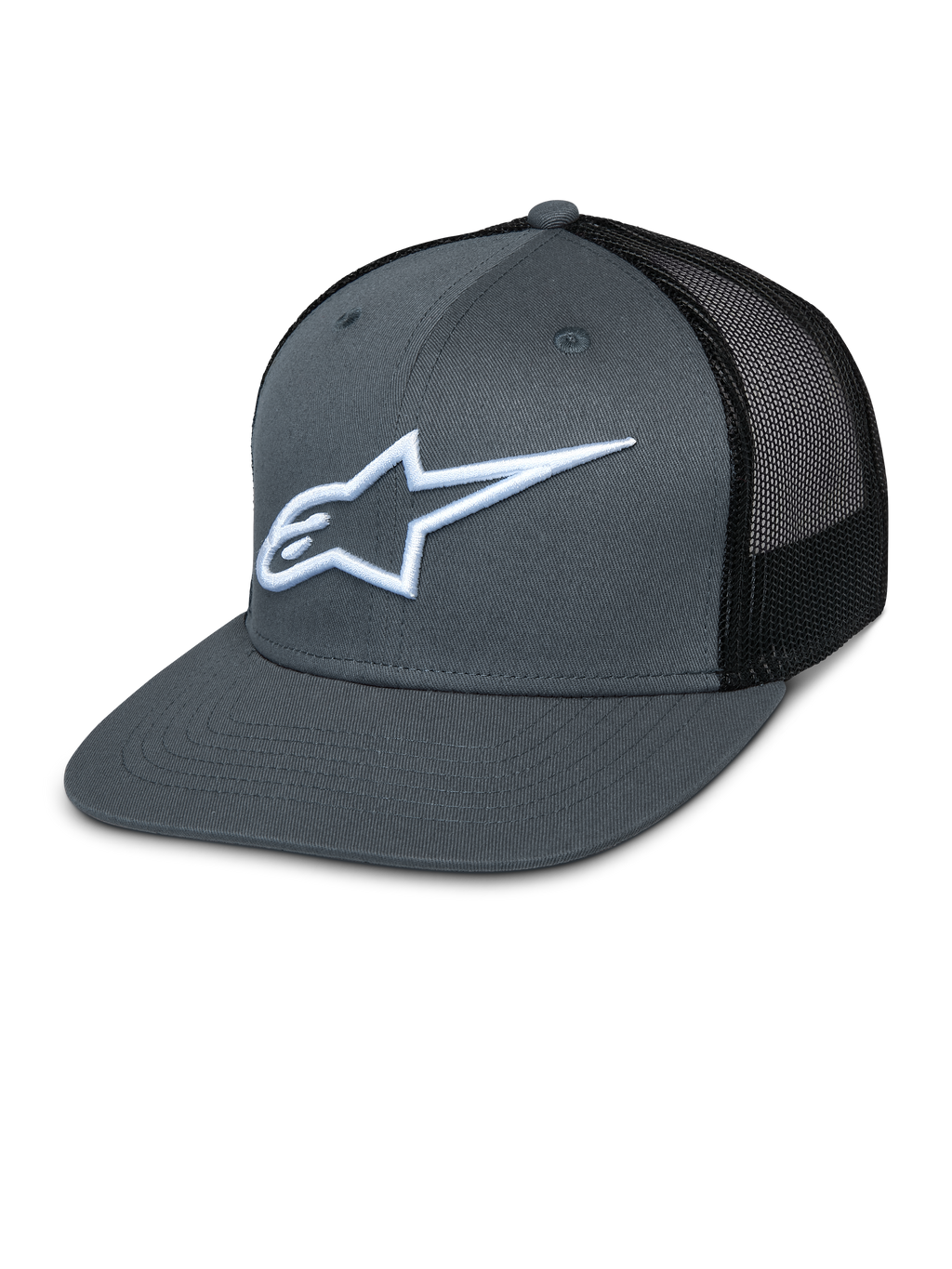Alpinestars Corp Trucker Cap, graue Vorderseite und schwarzer Mesh-Rücken, weiß gesticktes Stern-Logo, flacher Schirm, strukturierte Krone, atmungsaktives Mesh-Rückenteil