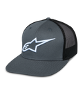 Alpinestars Corp Trucker Cap, graue Vorderseite und schwarzer Mesh-Rücken, weiß gesticktes Stern-Logo, flacher Schirm, strukturierte Krone, atmungsaktives Mesh-Rückenteil