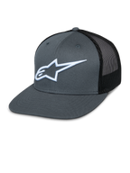 Alpinestars Corp Trucker Cap, graue Vorderseite und schwarzer Mesh-Rücken, weiß gesticktes Stern-Logo, flacher Schirm, strukturierte Krone, atmungsaktives Mesh-Rückenteil
