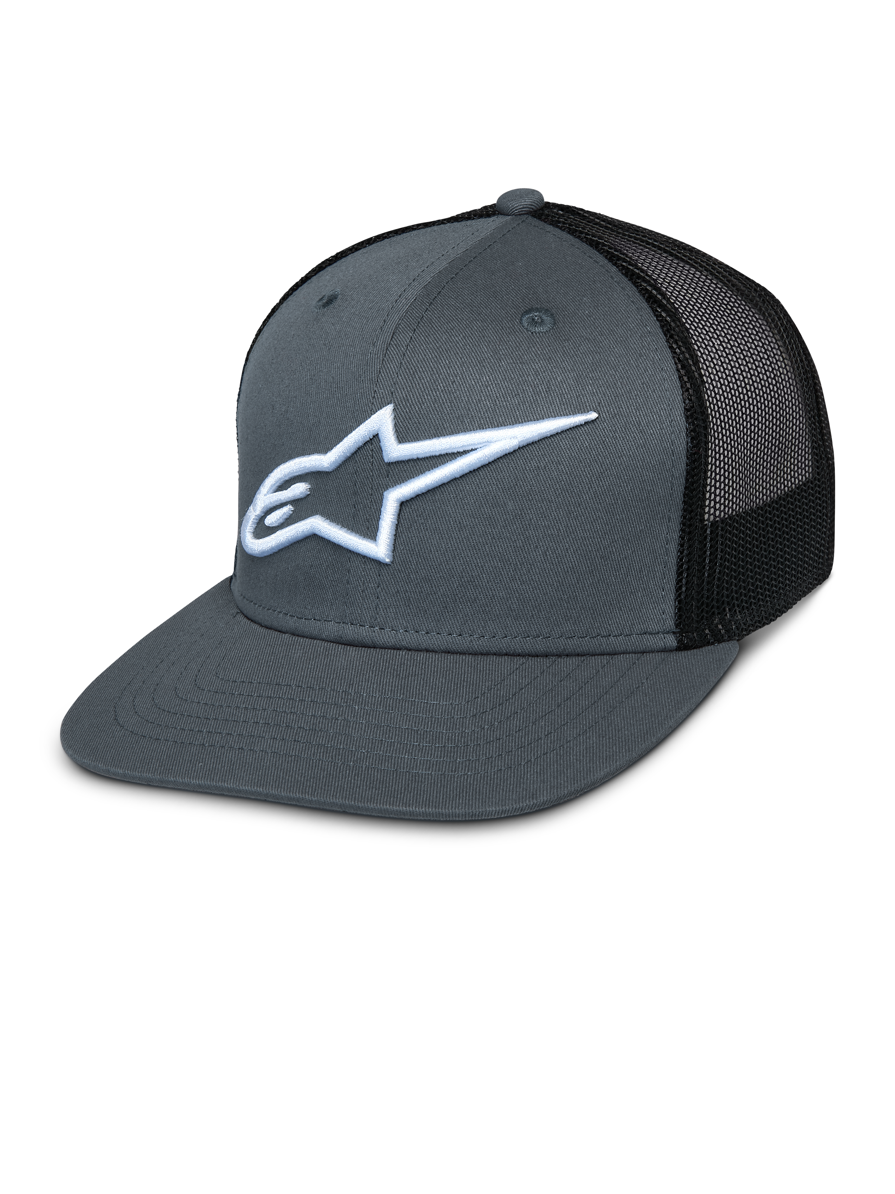 Alpinestars Corp Trucker Cap, graue Vorderseite und schwarzer Mesh-Rücken, weiß gesticktes Stern-Logo, flacher Schirm, strukturierte Krone, atmungsaktives Mesh-Rückenteil