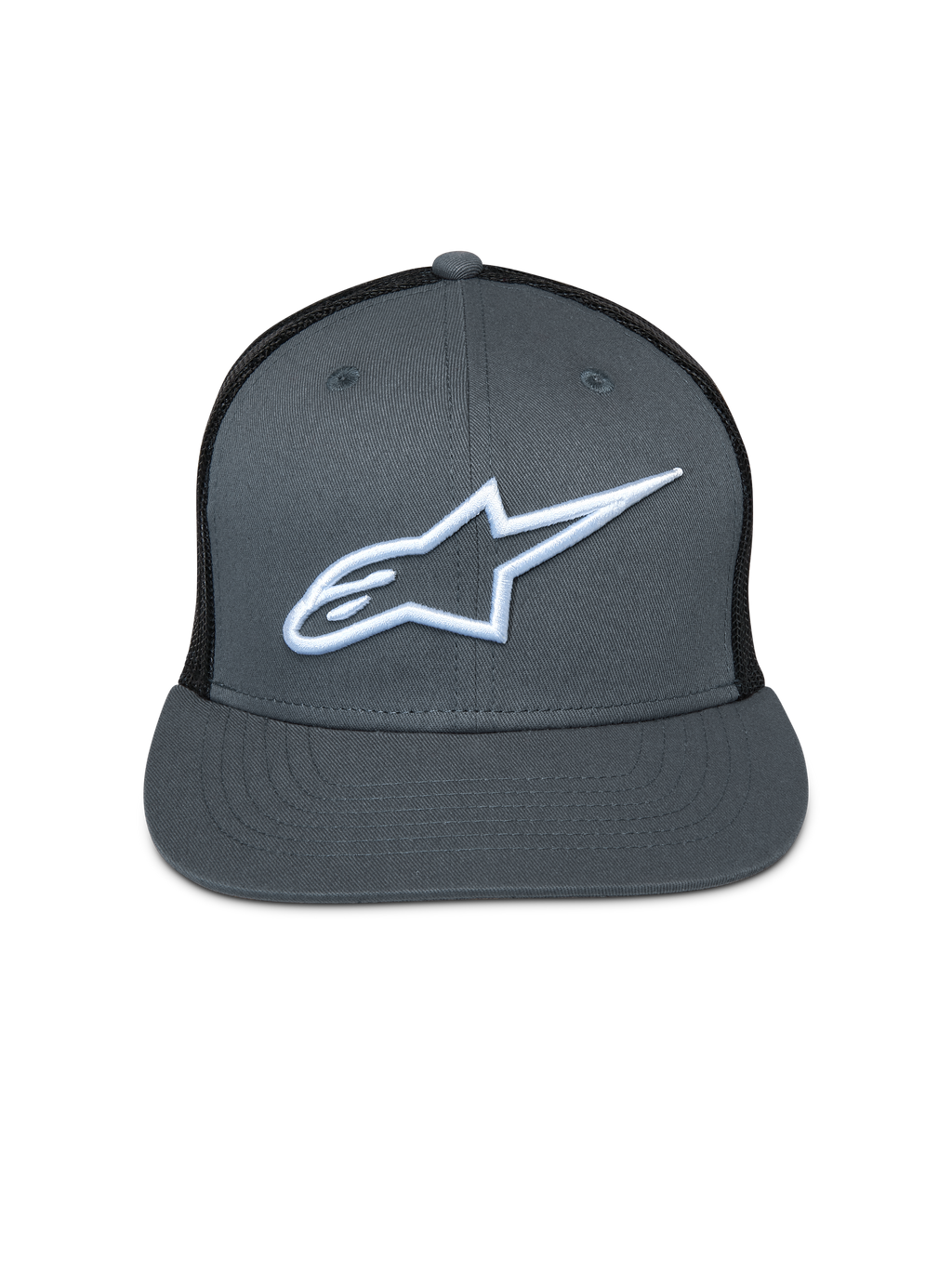 Alpinestars Corp Trucker Cap, graue Vorderseite mit schwarzer Mesh-Rückseite, flacher Schirm, weiß gesticktes Astar-Logo, lässige Motorsport-Kopfbedeckung