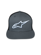 Alpinestars Corp Trucker Cap, graue Vorderseite mit schwarzer Mesh-Rückseite, flacher Schirm, weiß gesticktes Astar-Logo, lässige Motorsport-Kopfbedeckung