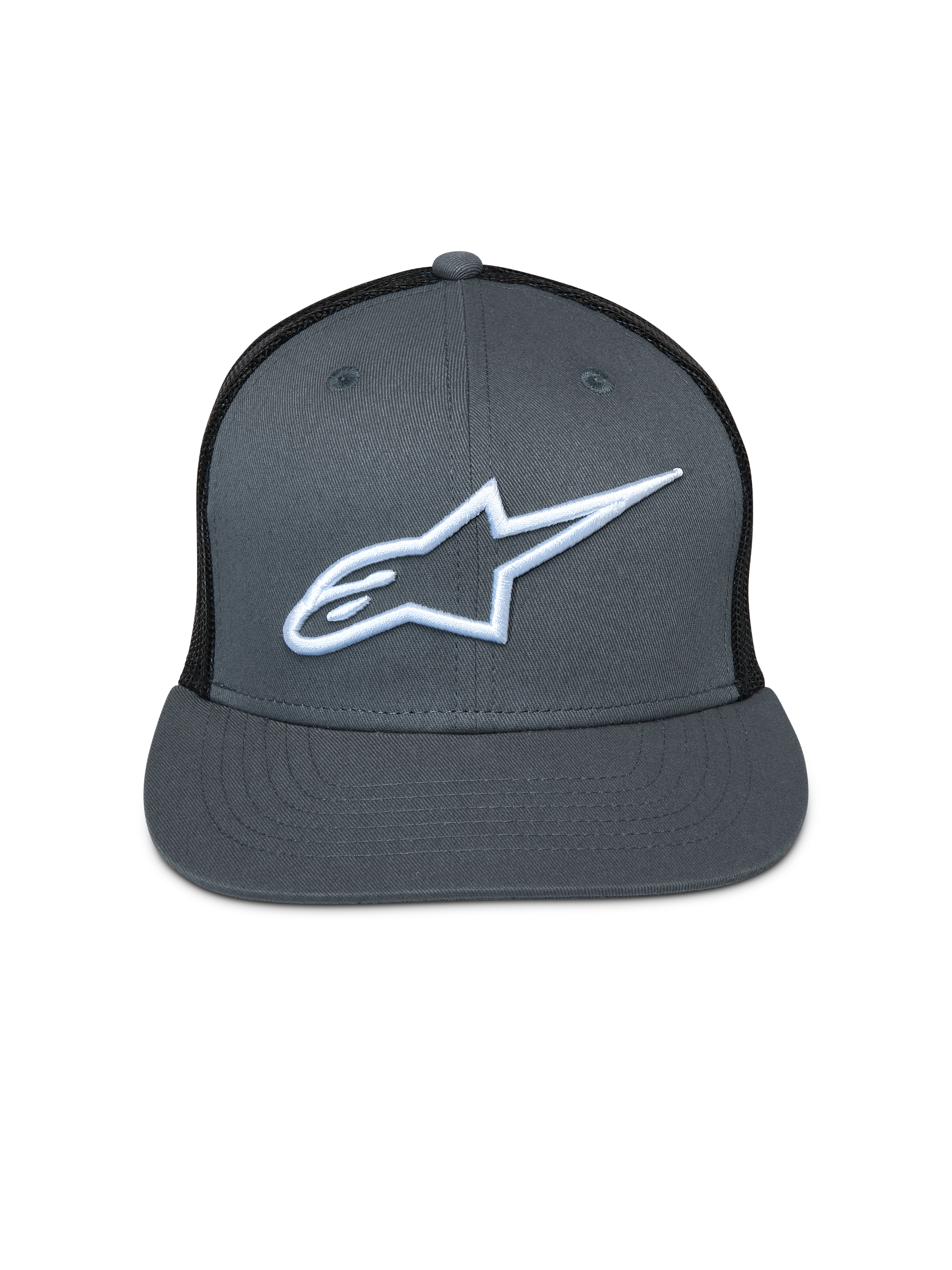 Alpinestars Corp Trucker Cap, graue Vorderseite mit schwarzer Mesh-Rückseite, flacher Schirm, weiß gesticktes Astar-Logo, lässige Motorsport-Kopfbedeckung