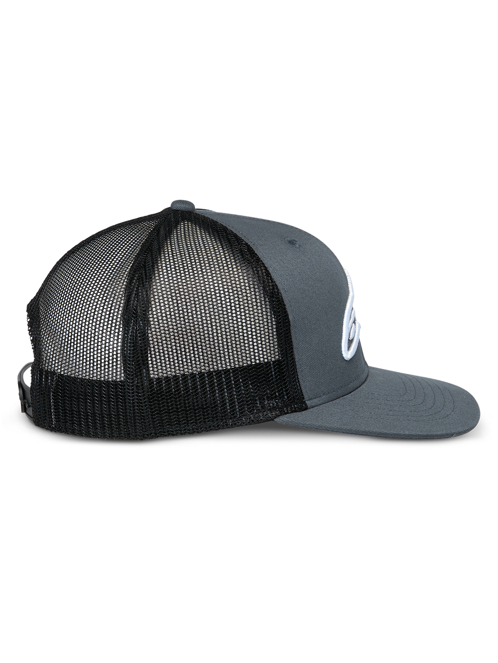 Alpinestars Corp Trucker Cap, Seitenprofil, graue Twill-Front und Schirm mit schwarzer Mesh-Rückseite, flacher Schirm, strukturierte Krone, weiß gesticktes Logo, lässige Motorsport-Kopfbedeckung