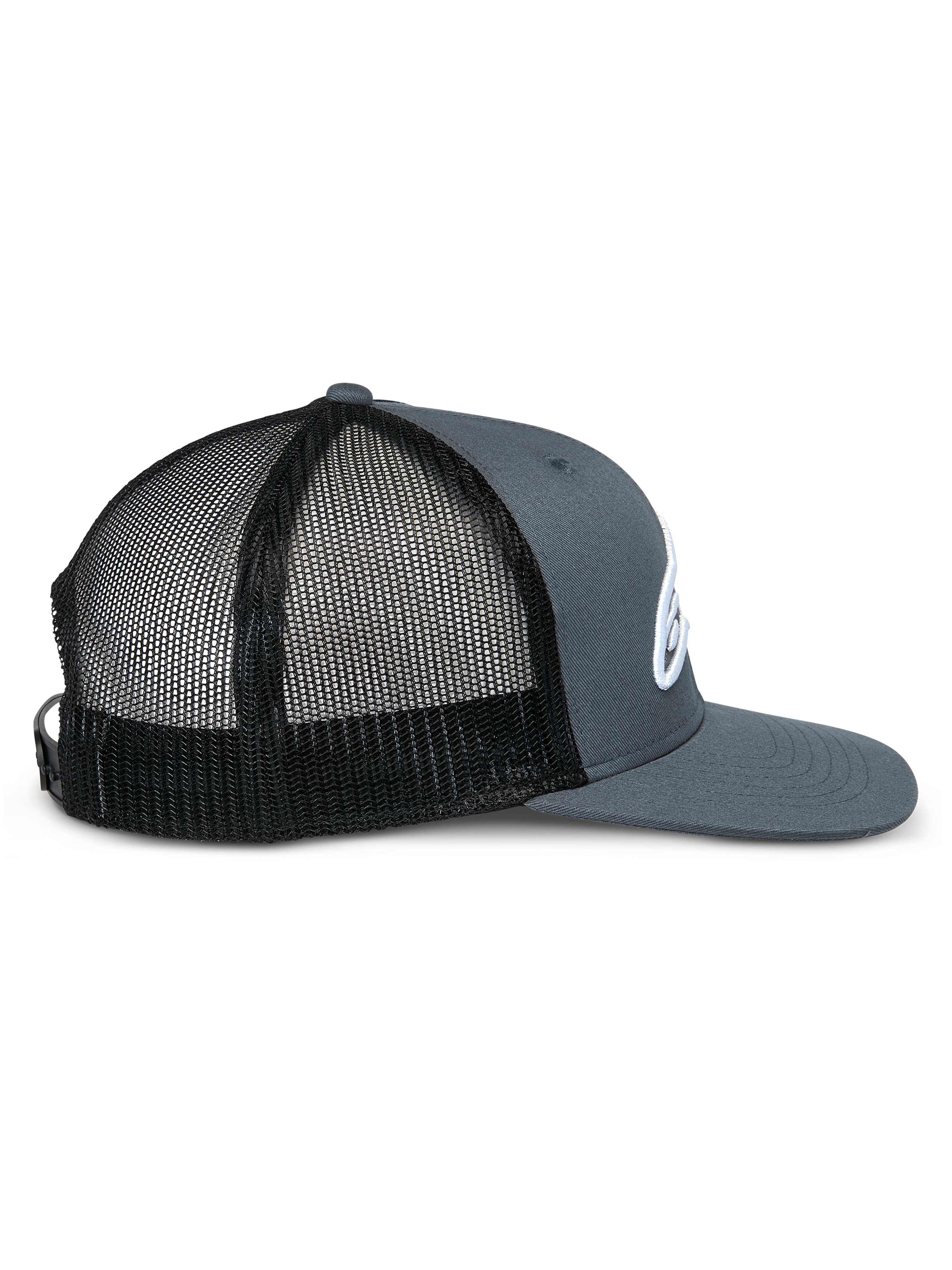 Alpinestars Corp Trucker Cap, Seitenprofil, graue Twill-Front und Schirm mit schwarzer Mesh-Rückseite, flacher Schirm, strukturierte Krone, weiß gesticktes Logo, lässige Motorsport-Kopfbedeckung