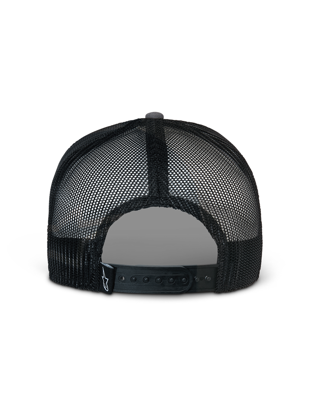 Alpinestars Corp Trucker Cap, Grau und Schwarz, Rückansicht mit schwarzen Mesh-Einsätzen und verstellbarem Snapback-Verschluss, kleines weißes Stern-Logo auf schwarzem Etikett an der Rückseite, lässige Kopfbedeckung